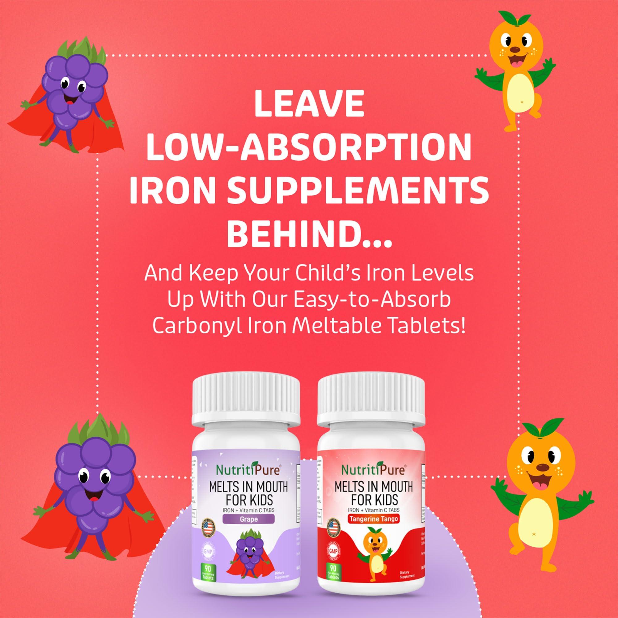 NutritiPure Chewable Iron Supplements for Kids (Ferronyl/Carbonyl Iron 9 mg with Vitamin C 30 mg) Tablet in Tangerine Tango Orange Flavor Kids Iron Supplement 90 Count (2 Bottles)