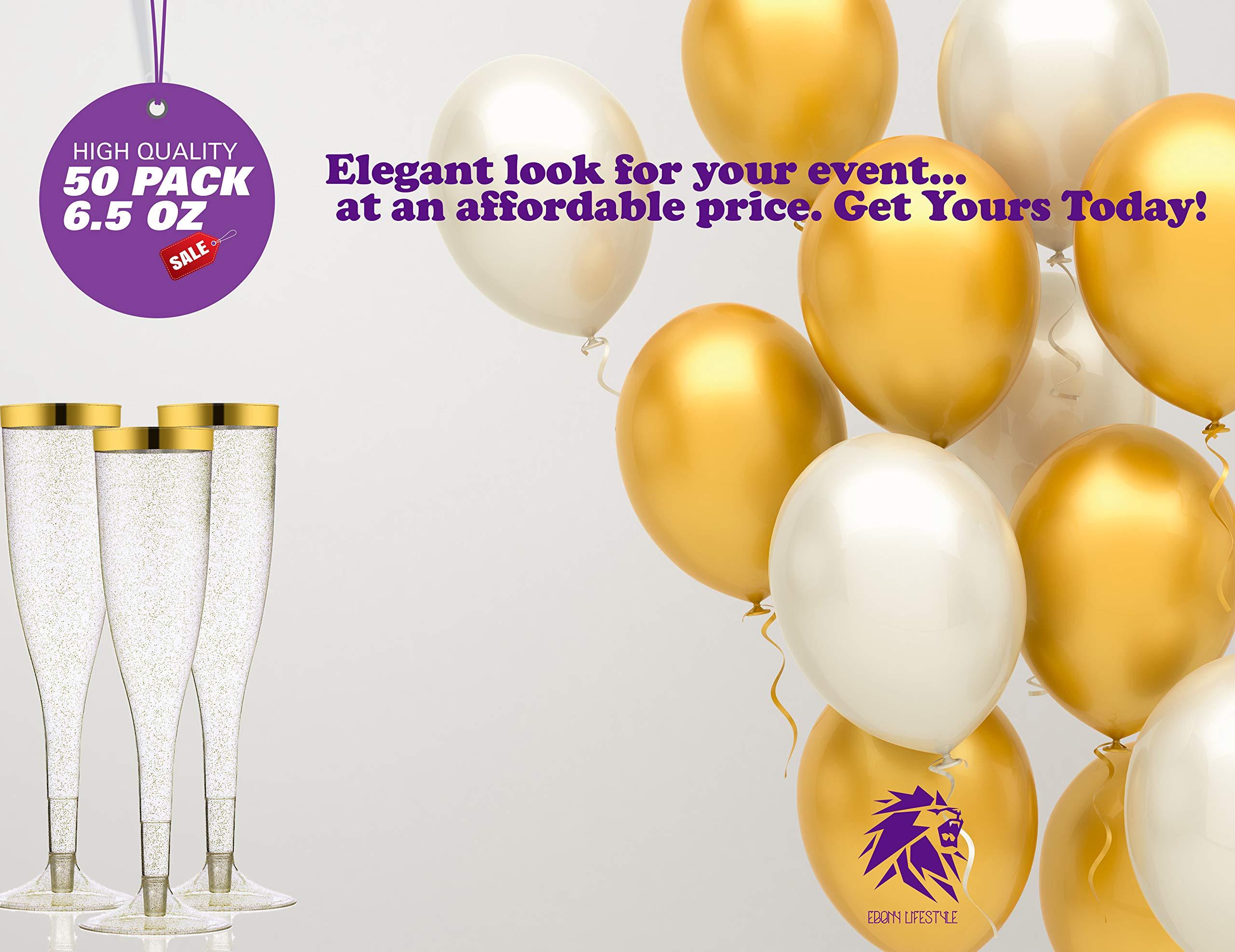 TasteOfQuality 50 Gold Rimmed Sparkle Plastic Champagne Flutes, Gold Glitter, 6.5 Oz Reusable Heavy Duty Wine Glass, Clear Plastic Toasting Glasses, Disposable Plastic Wine Glasses, cups for Bachelorette Party.