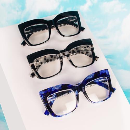 REAVEE REAVEE 3 Pack Oversized Reading Glasses for Women Thick Large Frame Blue Light Blocking Stylish Computer Readers Spring Hinge,Black Blue Grey 2.5