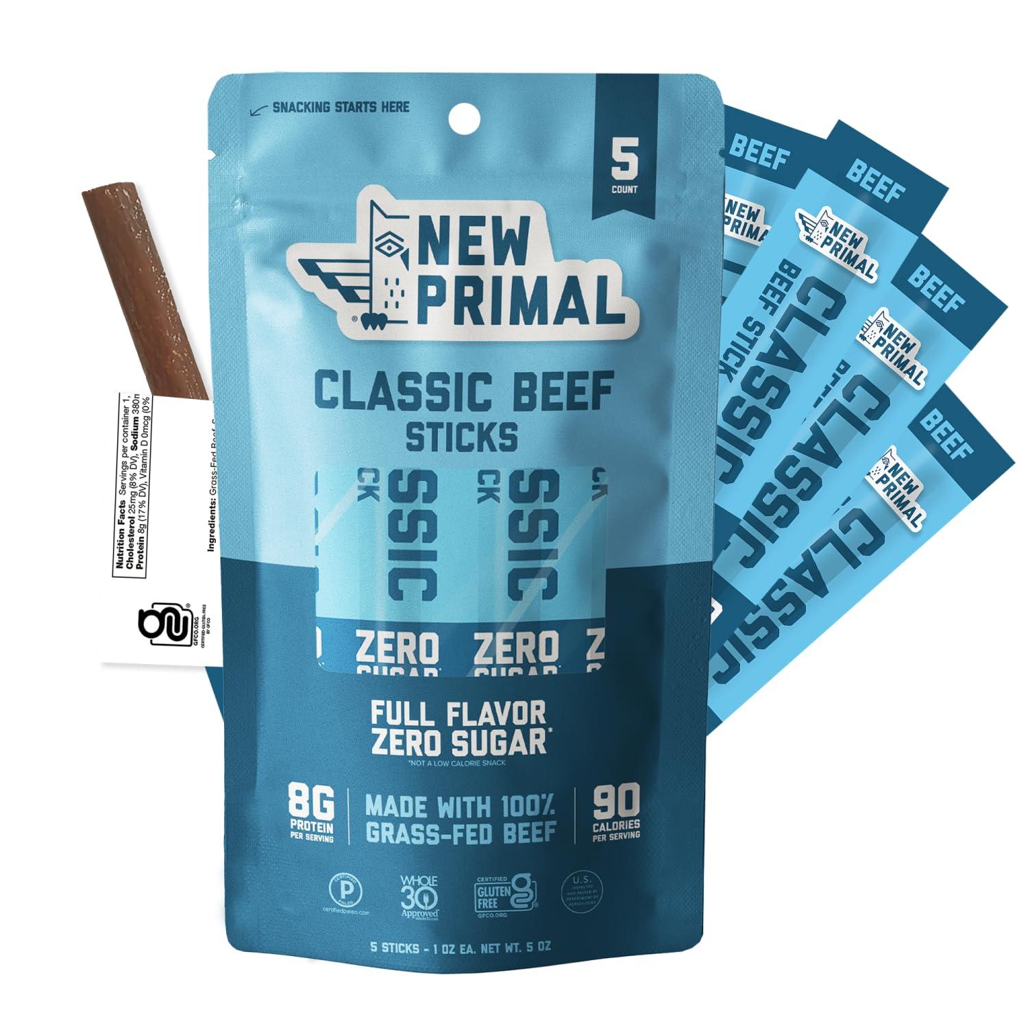 The New Primal The New Primal Grass Fed Beef Sticks, Keto, Gluten Free Healthy Snacks for Adults, Sugar Free Low Carb High Protein Snack, Paleo Whole30 Jerky Meat Stick, 8g Protein, 5 Pack