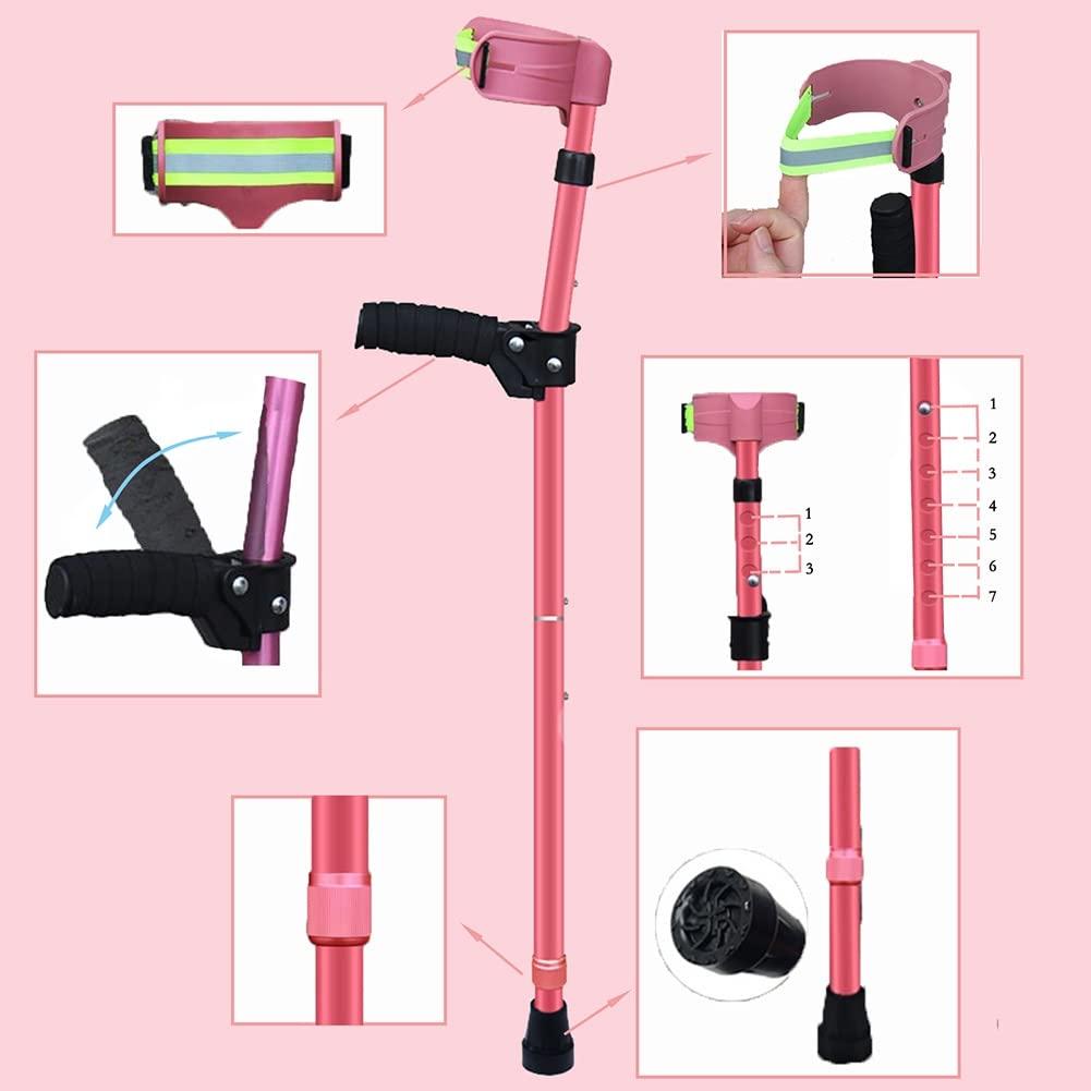 XYBI Store Pink Children's Folding Crutches, Adjustable Forearm Crutches, Medical Aluminum Elbow Crutches with Reflective Cuffs, Rehabilitation Care Crutches