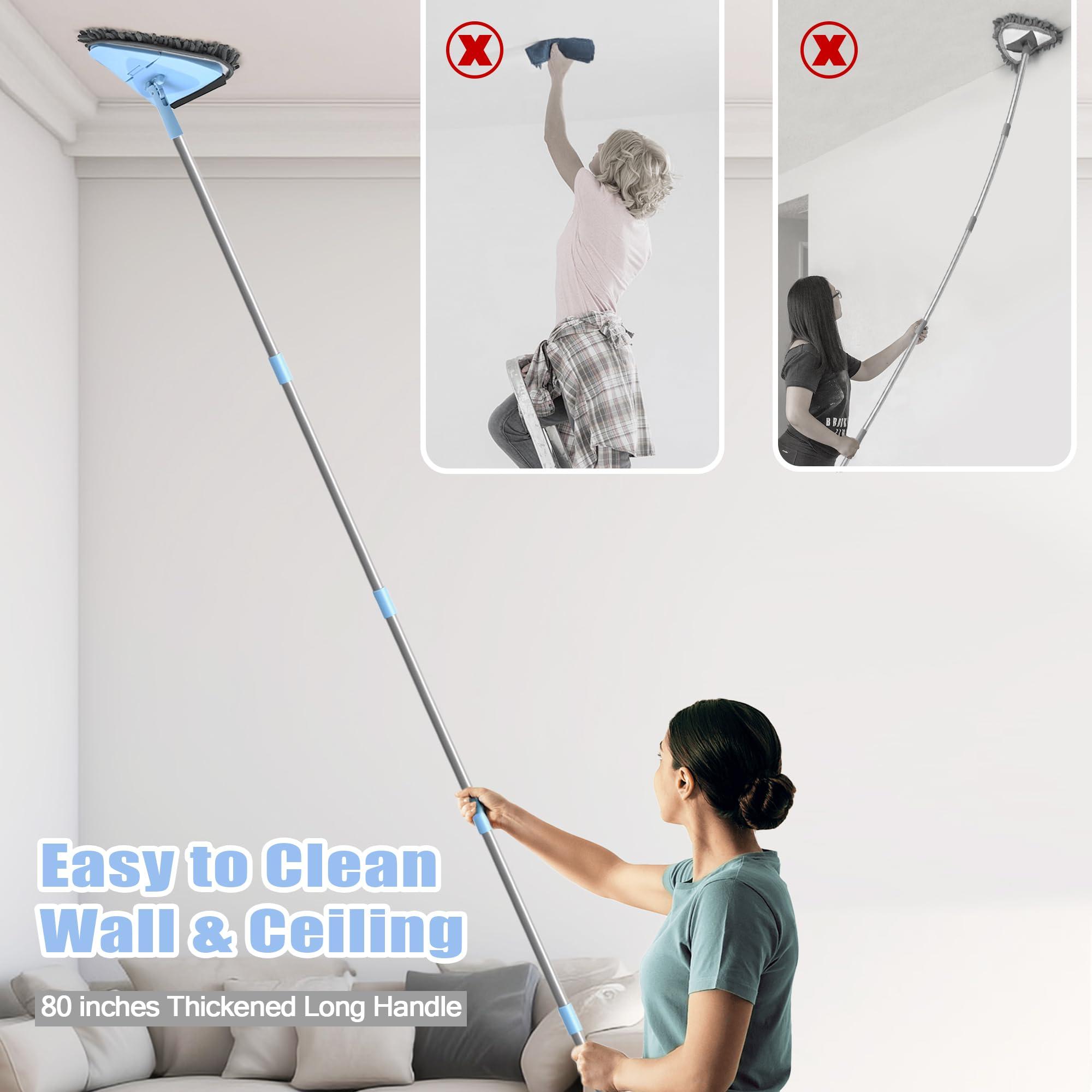NEWE NEWE Wall Mop Cleaner with 80 Inches Long Handle, 180 Folding Ceiling Cleaning Tool with Squeegee, Triangle Baseboard Scrubber with 4 Chenille Duster and 2 Microfiber Pads for Washing Painted Walls