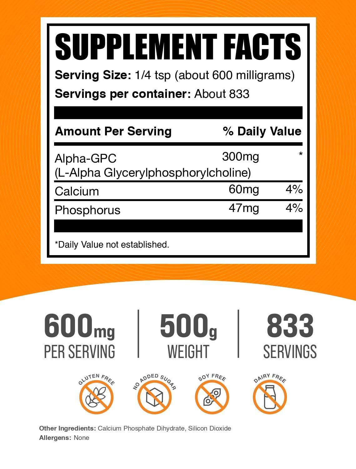 BulkSupplements BulkSupplements.com Alpha GPC Powder - Choline Supplements, Alpha GPC 300mg - Acetylcholine Supplements, Unflavored & Gluten Free, 600mg per Serving, 500g (1.1 lbs) (Pack of 1)