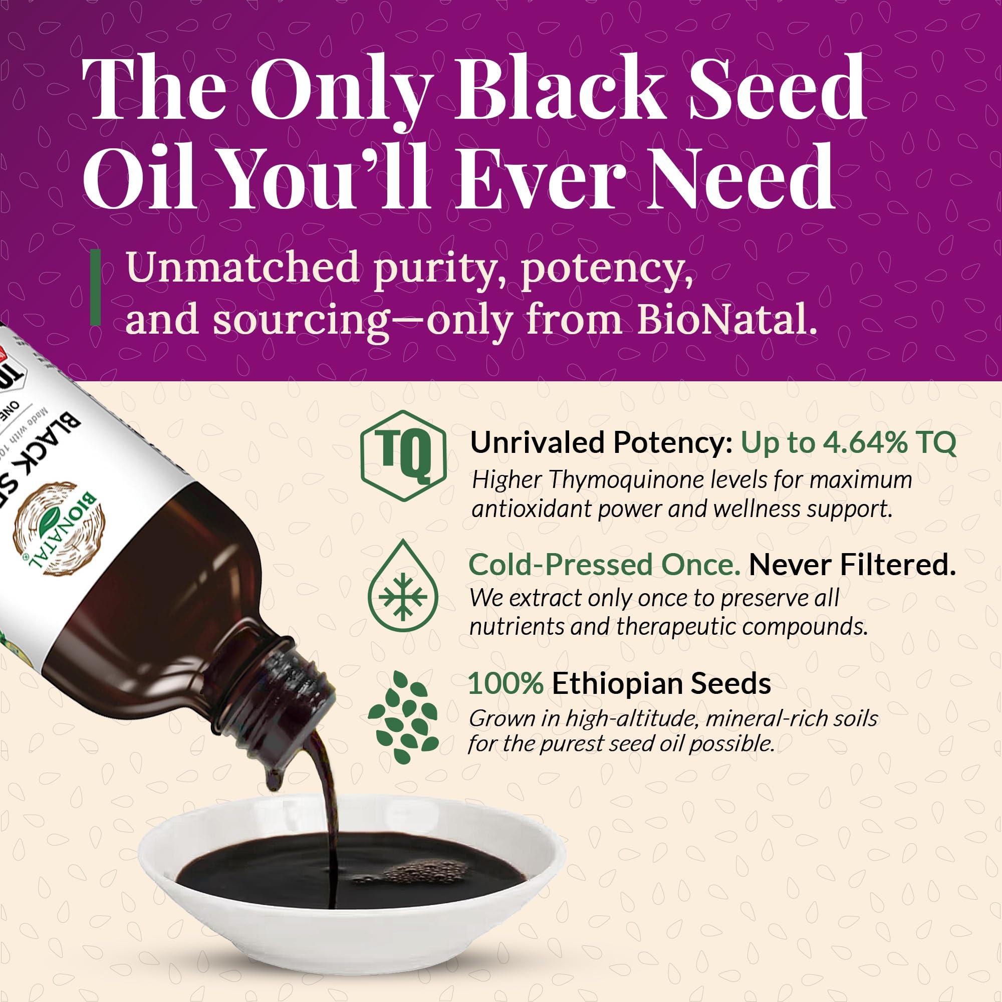BioNatal Bionatal's Ethiopian Black Seed Oil 4.2oz (GLASS), Up to 4.34% Thymoquinone (TQ), Nigella Sativa Seeds, Non-filtered black cumin seed oil, Cold-pressed