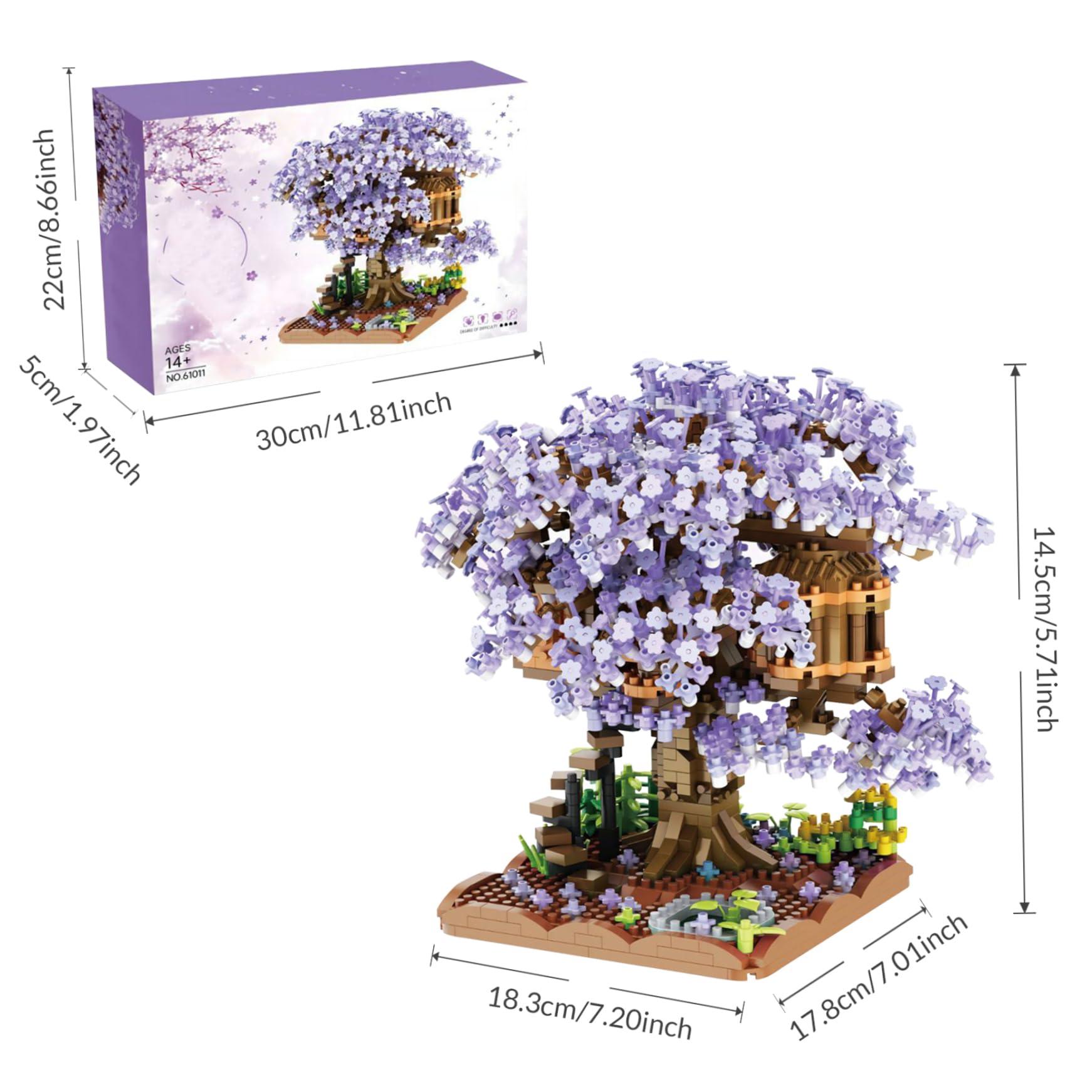 CurcKua Cherry Blossom Tree House Plastic Cherry Bonsai Tree Assembled Cute Sakura Tree DIY Mini Building Blocks Sets Cherry Blossom Tree Sakura Bonsai Tree for Adults, 14+ Teens (Without Light) Purple