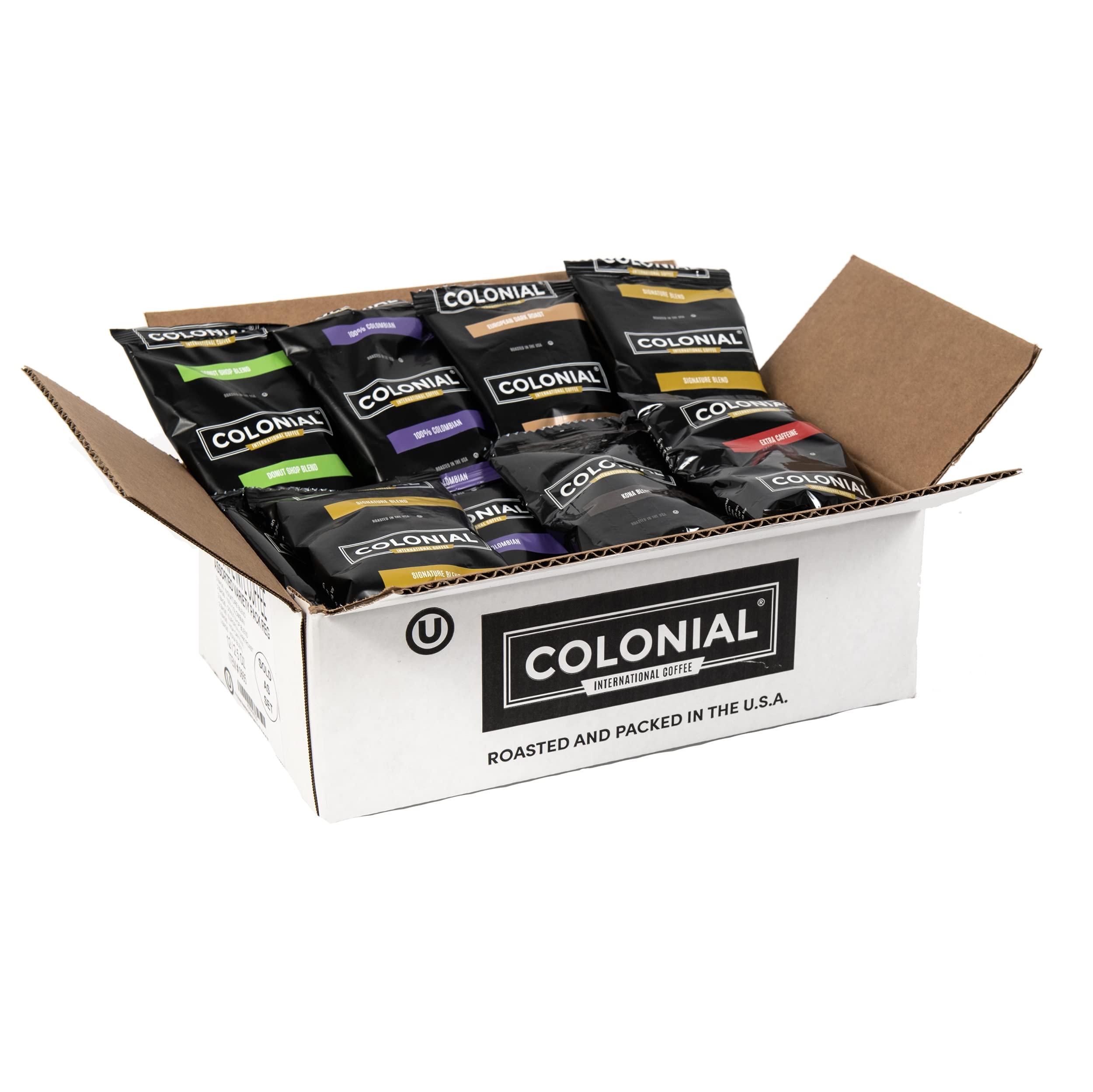 COLONIAL INTERNATIONAL COFFEE Colonial Coffee Packets, Pre Ground Coffee Packs, Assorted Variety Pack, Medium & Dark Roast Blends, Bulk Single Pot Bags for Drip Coffee Makers, (2.5 oz Bags, Pack of 12)