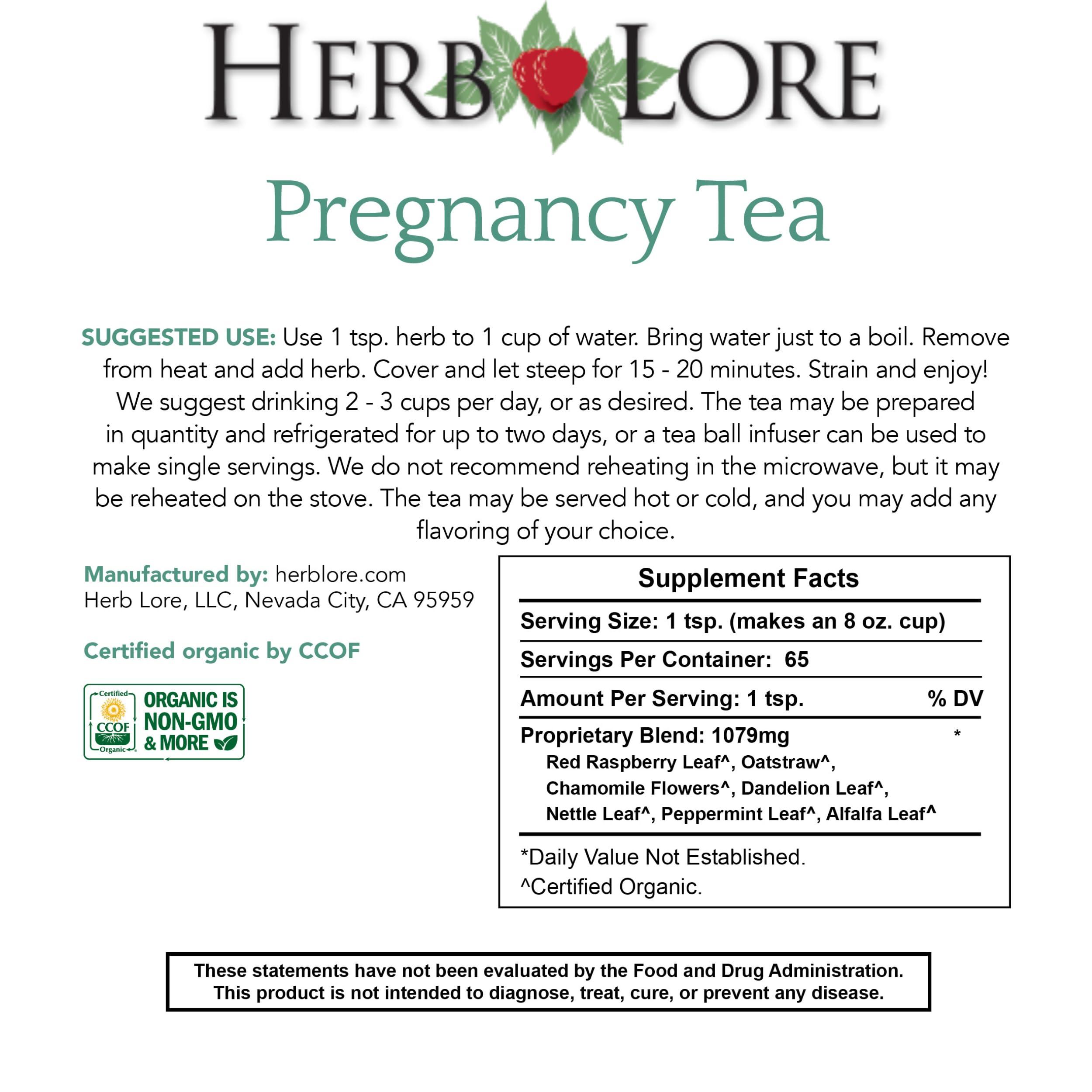 Herb Lore Herb Lore Organic Pregnancy Tea - 65 Servings - Loose Leaf Red Raspberry Leaf Tea for Pregnant Women - Pregnancy Safe Tea for First Trimester, Third Trimester Labor Prep & Postpartum Recovery