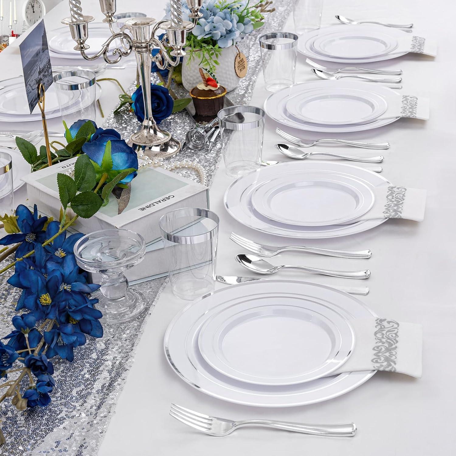 WDF Partyware WDF Partyware 350 Pcs Silver Plastic Plates - Silver Dinnerware Set of 50 Dinner Plates 50 Dessert Plates 50 Silverware 50 Napkins 50 Cups for Party&Wedding