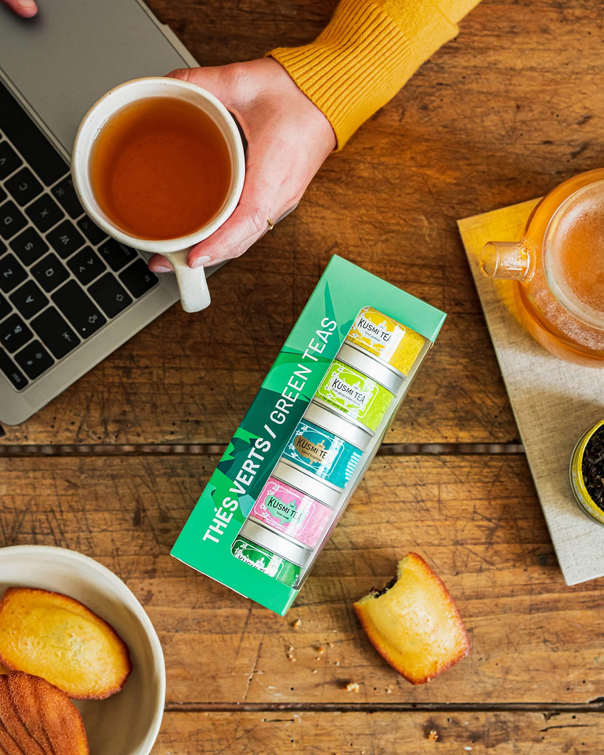 KUSMI TEA Kusmi Tea - Organic Green Tea Variety Box - Gift Idea for Men and Women - Spearmint Green Tea, Jasmine Tea - A Selection of 5 Iconic Flavors - Loose Leaf Tea - 5 Tins of 0,9 oz