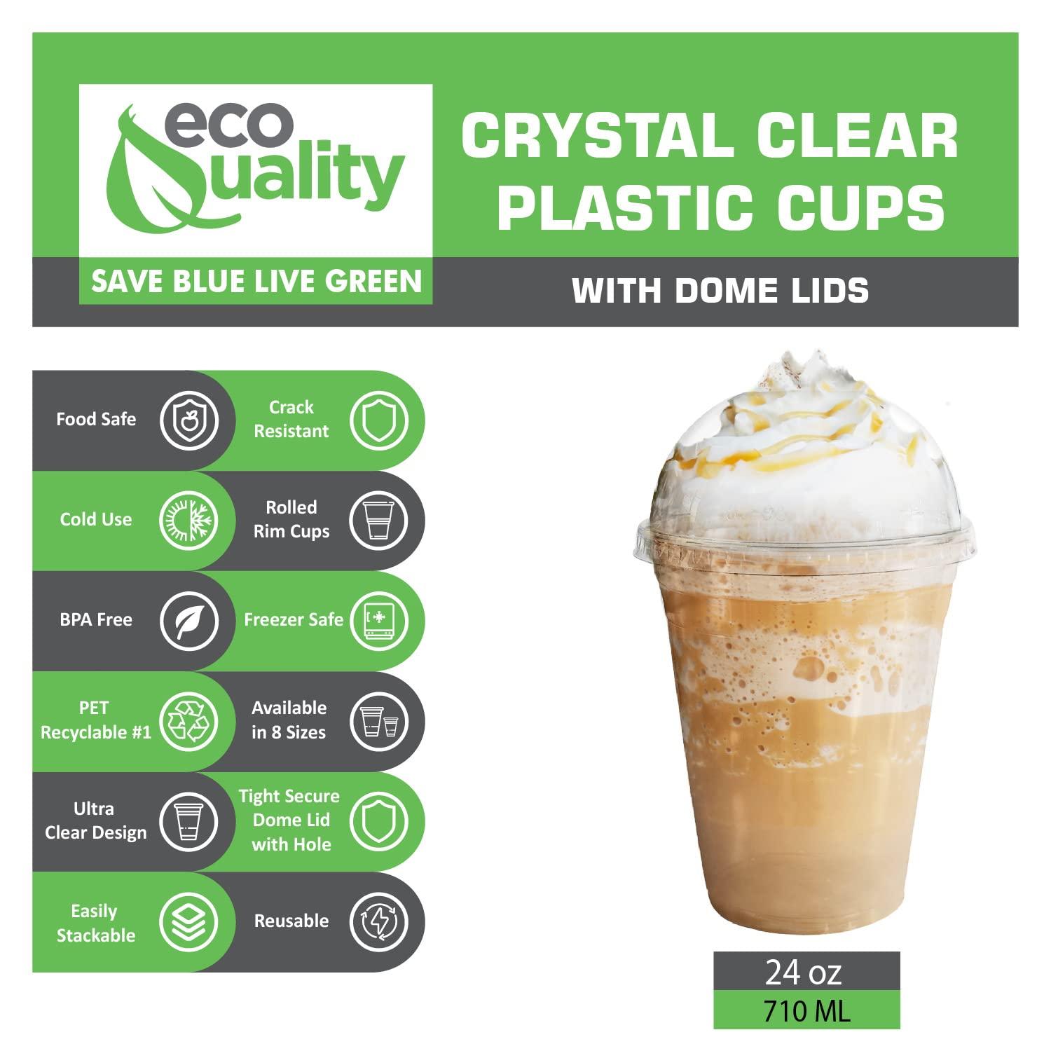 EcoQuality 24 oz Cups, 100 Pack | Iced Coffee Go Cups and Dome Lids | Cold Smoothie | Plastic Cups with Dome Lids | Clear Plastic Disposable Pet Cup | Ideal for Coffee, Parfait, Juice, Soda, Cocktail, Party Cups