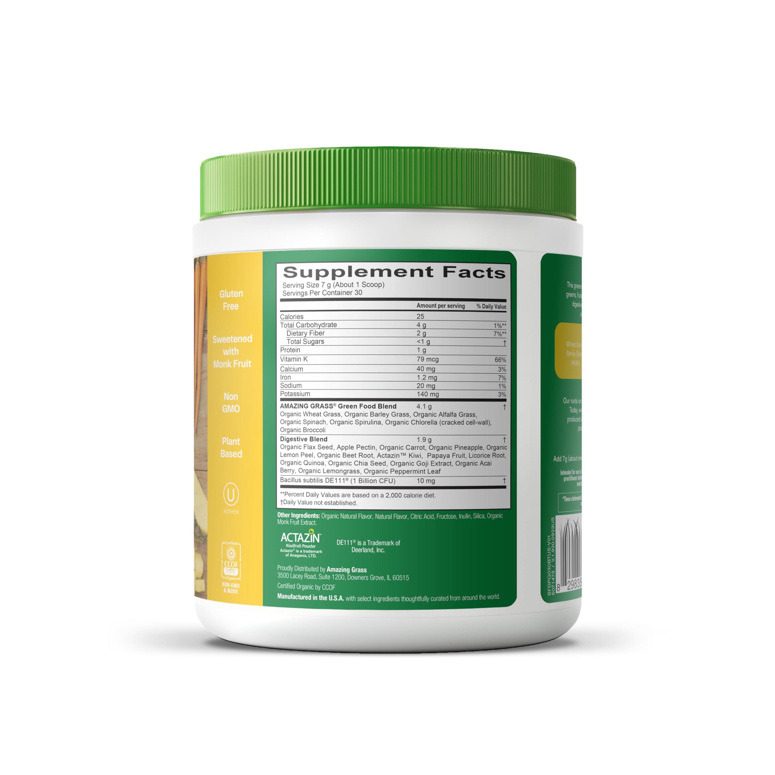 Amazing Grass Amazing Grass Greens Blend Digest: Super Greens Powder Smoothie Mix for Digestion Support with Organic Spirulina, Chlorella, Beet Root Powder, Digestive Enzymes & Probiotics, 30 Servings