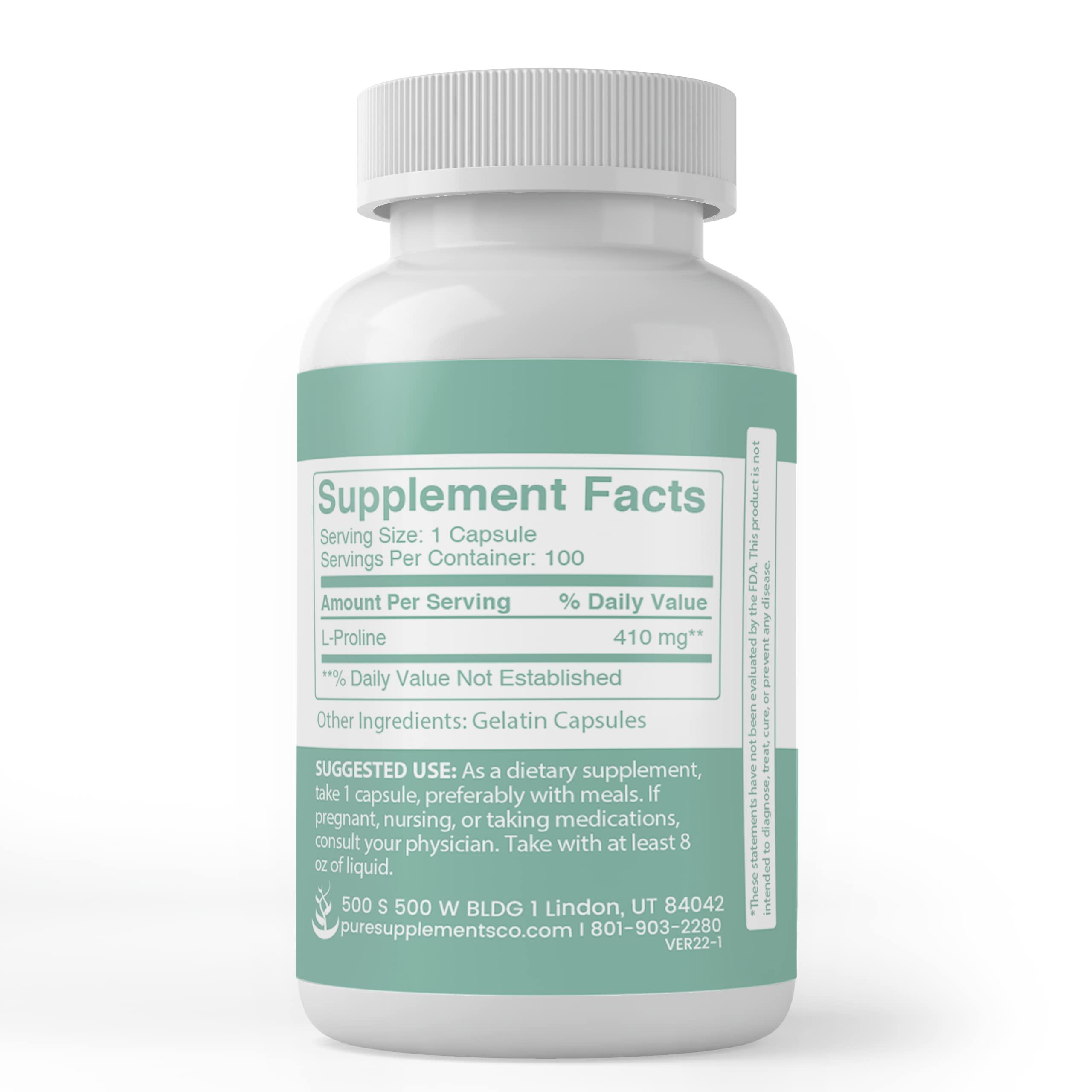 Pure Organic Ingredients Pure Original Ingredients L-Proline, (100 Capsules) Always Pure, No Additives Or Fillers, Lab Verified