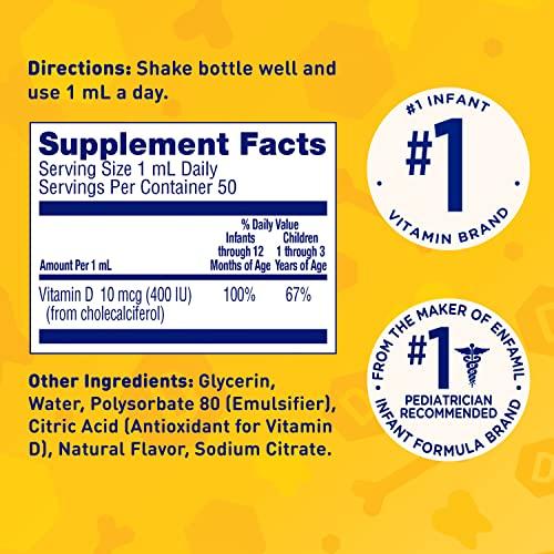 Enfamil Prenatals & Baby Vitamins Enfamil Baby Vitamin D-Vi-Sol Vitamin D Liquid Supplement Drops for Infants, Supporting Strong Teeth & Bones in Newborn Babies, Easy-to-Use, Gluten-Free, 50 mL Dropper Bottle, Pack of 3