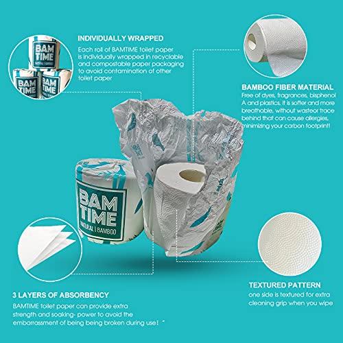 BAMTIME Toilet Paper, 100% 3ply Bamboo Toilet Paper, 24 Rolls, 300 sheets, 7200 Count, pack of 24, plastic free, Tree free, Biodegradable