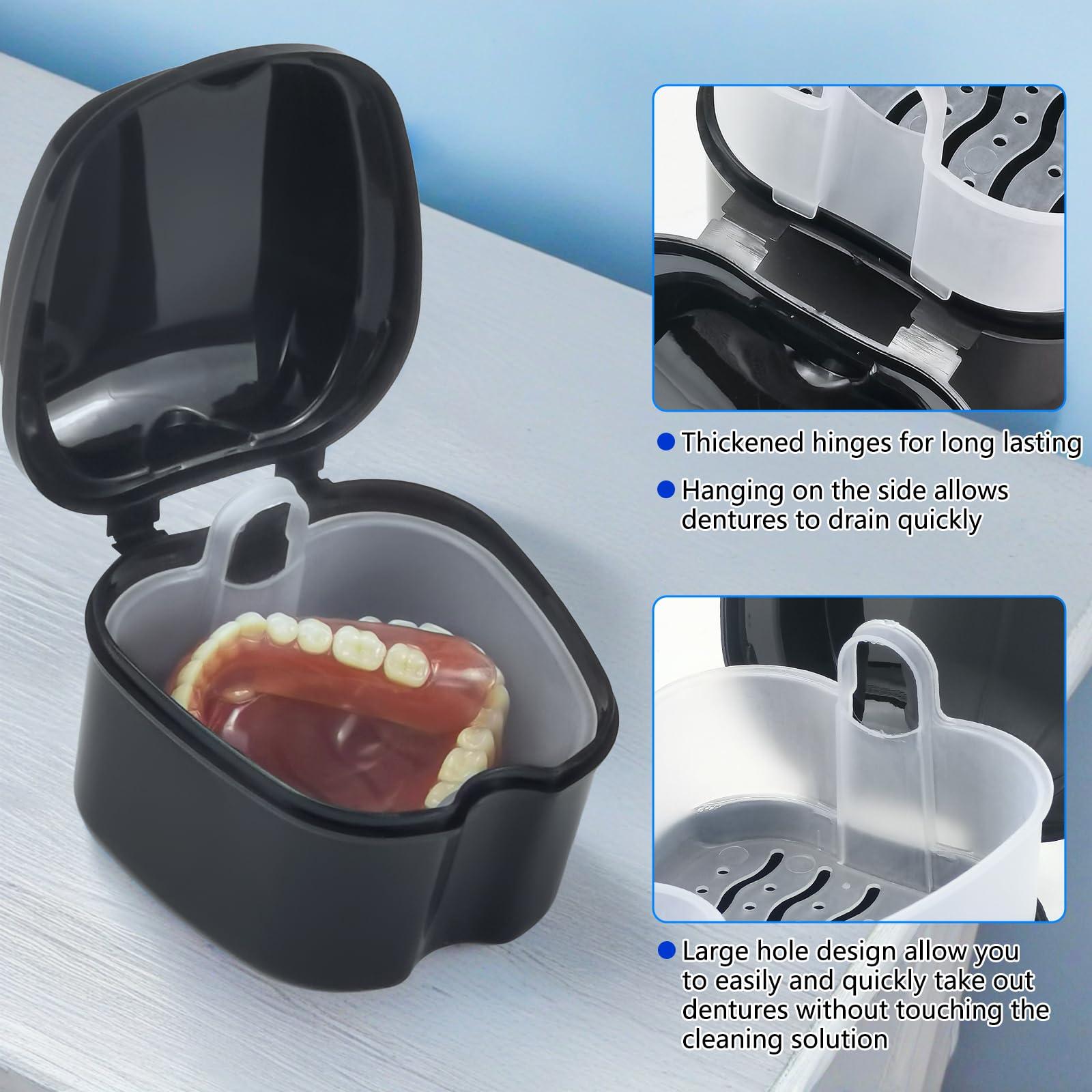 EZEELAI Denture Bath Case Retainer Cleaner Case with Strainer Basket, Denture Cup Dental Retainer Holder Case for Soaking Mouthguard Cleaning Storage Box Case - Black and White