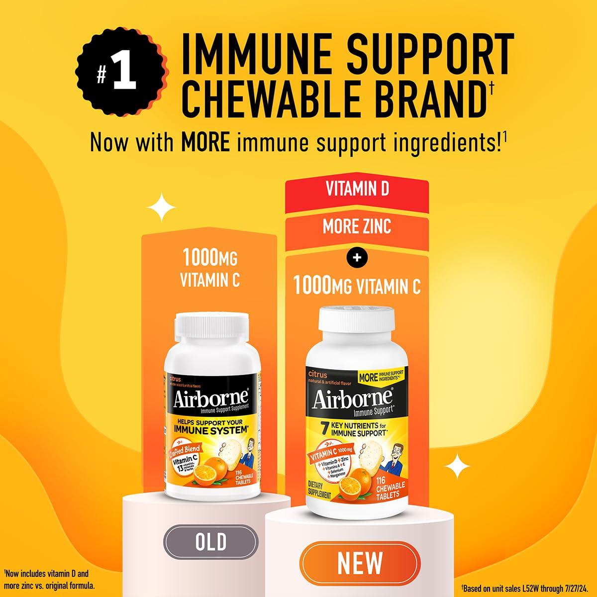 Airborne Airborne 1000mg Vitamin C + Zinc Immune Support Supplement Chewable Tablets, Citrus Flavor with Powerful Antioxidants Vitamins A C & E, 116 Chewable Tablets (2 Pack)