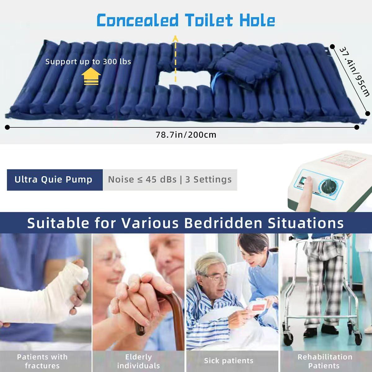 CRAZY ROSA Alternating Air Pressure Mattress Pad, Inflatable Bed Sore Prevention Cushion with Toilet Hole & Quiet Pump for Elderly Bedridden Patients Ulcer Sore Relief, Fits Hospital & Home Bed