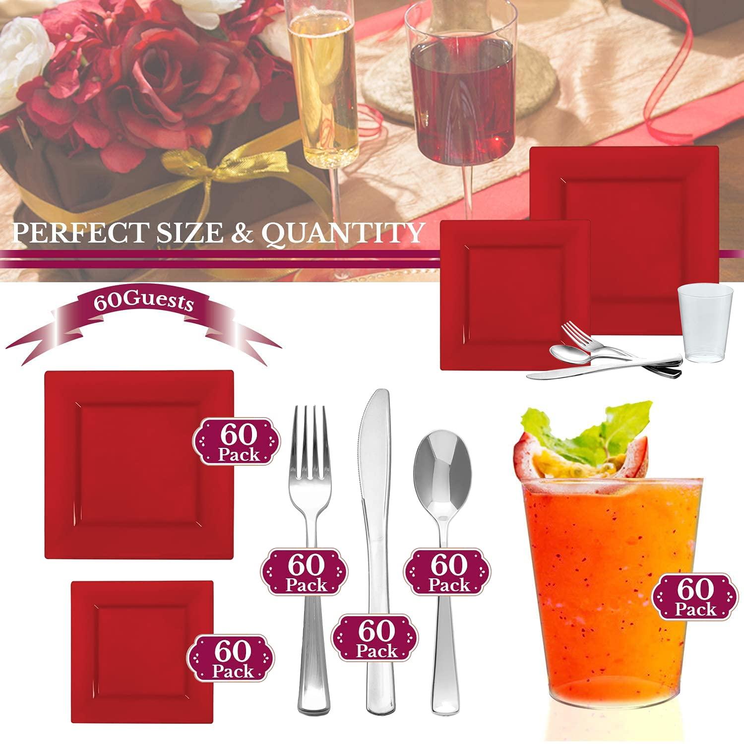 Smarty Had A Party Elegant Disposable Plastic Dinnerware Set, Heavy Duty Plastic Plates (Red, Wedding Value Set (60 Guests))