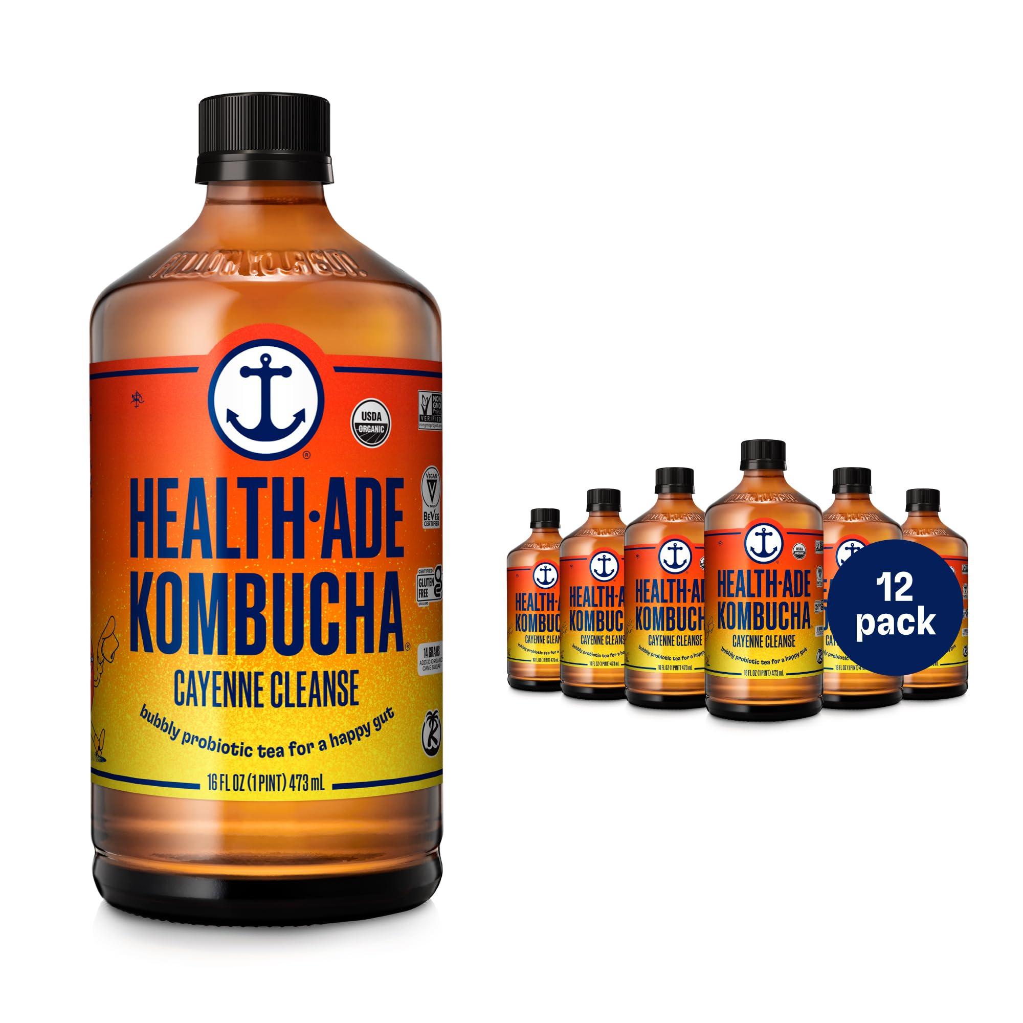 Health-Ade Health-Ade Kombucha Tea Organic Drink, Fermented Tea with Living Probiotics, Detoxifying Acids, Supports Gut Health, Non-GMO, Vegan, Gluten Free, 12 Pack (16 Fl Oz Bottles), Cayenne Cleanse