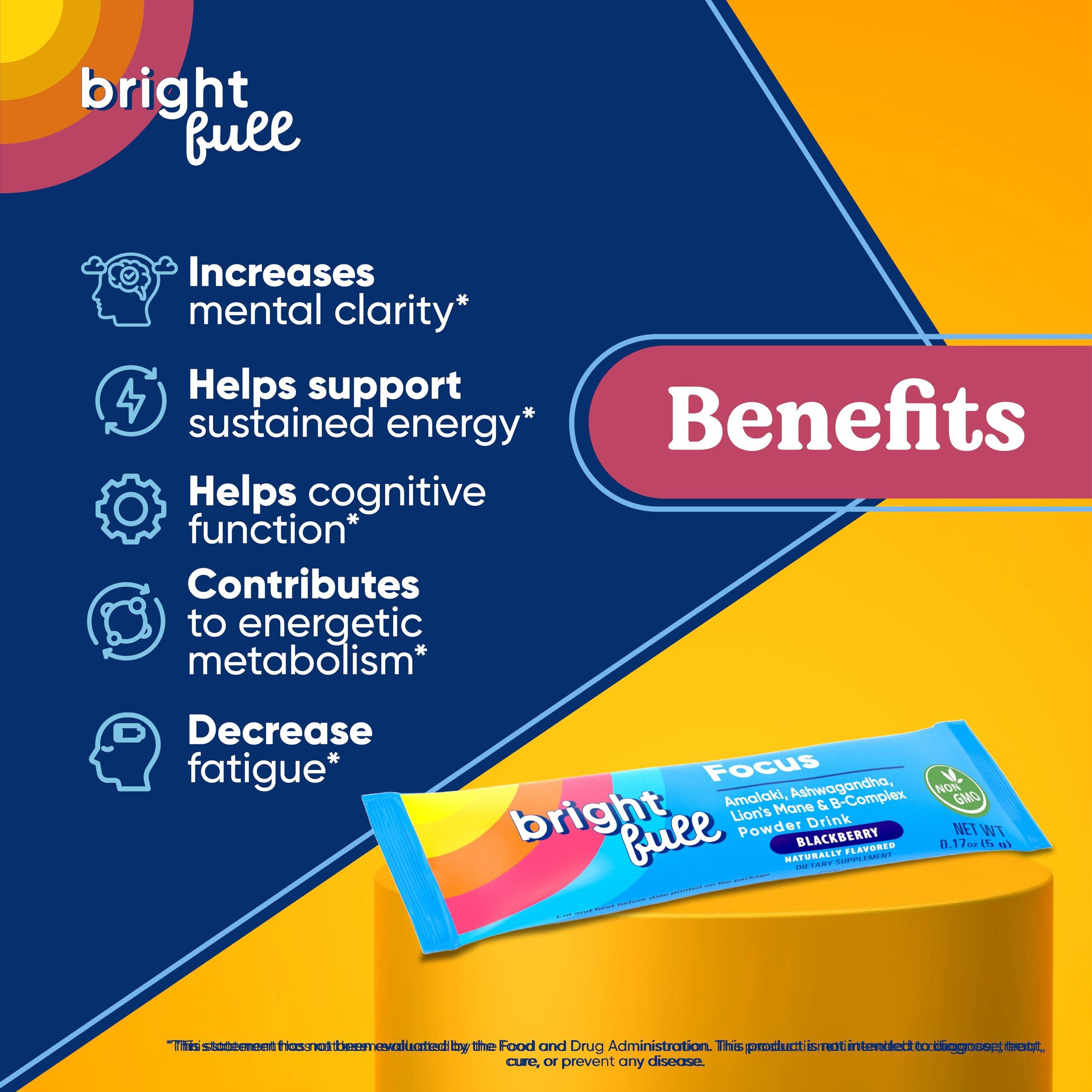 BRIGHTFULL BRIGHTFULL Focus Sugar Free Dietary Supplement Drink Mix with Ashwagandha, Lions Mane, B Vitamins B1 B2 B3 B5 B6 B12, for Cognitive Performance & Clarity BlackBerry, 21 Day Supply