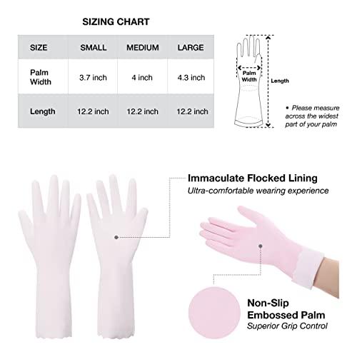Forcom Reusable Household Cleaning Gloves, PVC Kitchen Gloves, Flocked Lining, Latex Free Dish Gloves, Non-Slip, 2 Pairs (Pink, Small)