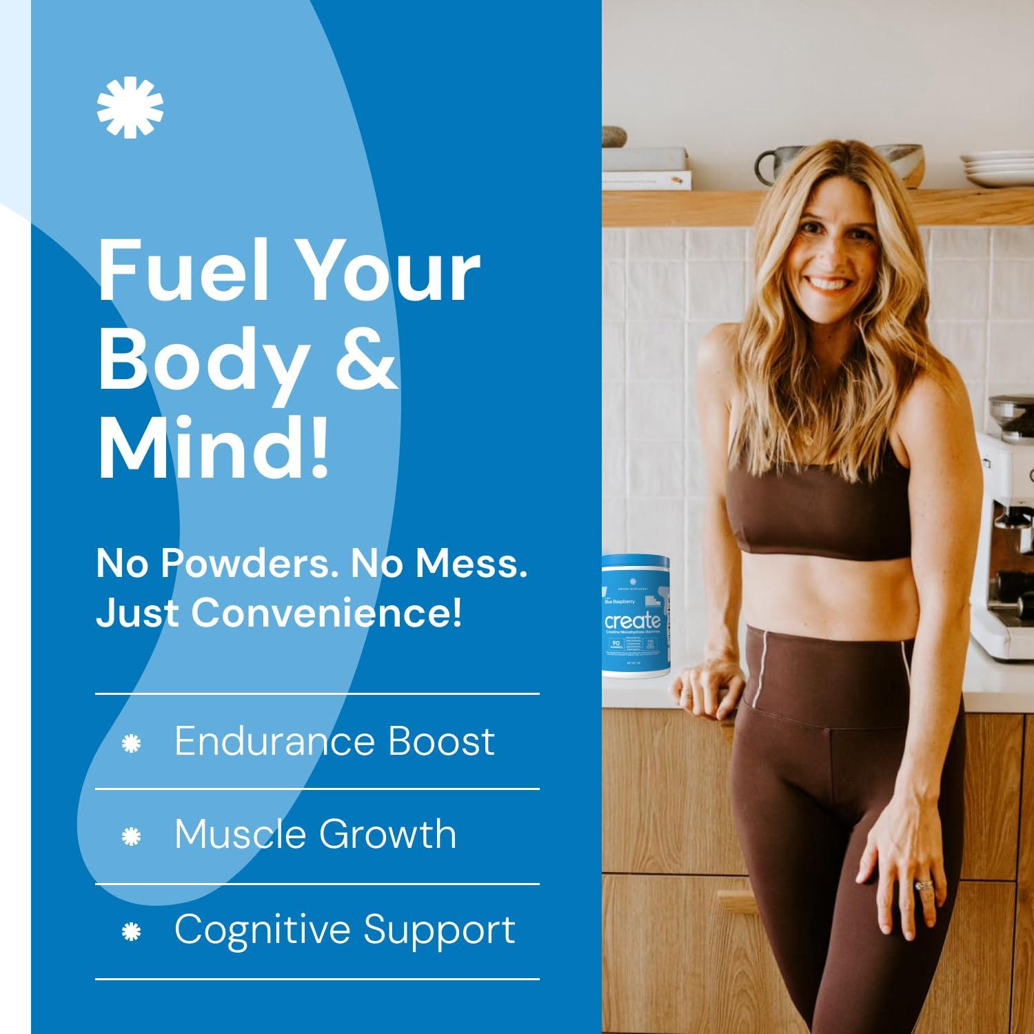 Create Create Creatine Monohydrate Gummies for Men & Women, Boost Focus, Strength, and Endurance, Anti-Melting Formula, Vegan, Gluten-Free, Non-GMO, 1.5g of Creatine per Gummy (Blue Raspberry, 90ct)