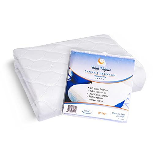 Idyll Nights Washable Incontinence Bed Pad - Waterproof with Tuck-in-Sides Leakage & Sweat Mattress Protector - Reusable Full/Queen 36x60 inch Bed Pad for Kids Adults and Pets