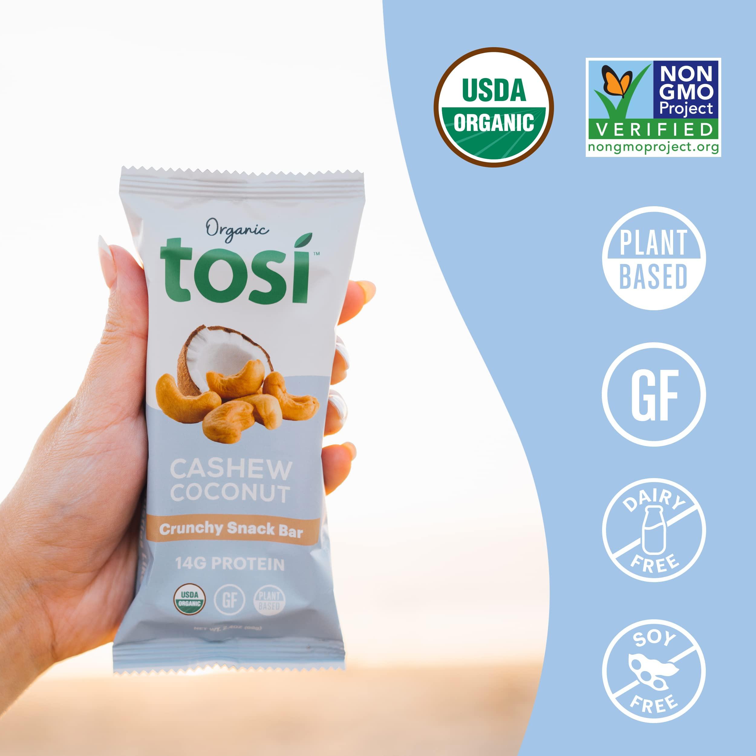 Tosi Tosi Cashew Coconut Protein Bars, Plant Based with Nuts, Gluten-Free Crunchy Snacks, Vegan, Organic, Flax & Chia Seeds, Soy-Free, Omega 3s, 14G Protein, 2.4 oz, 12-Pack