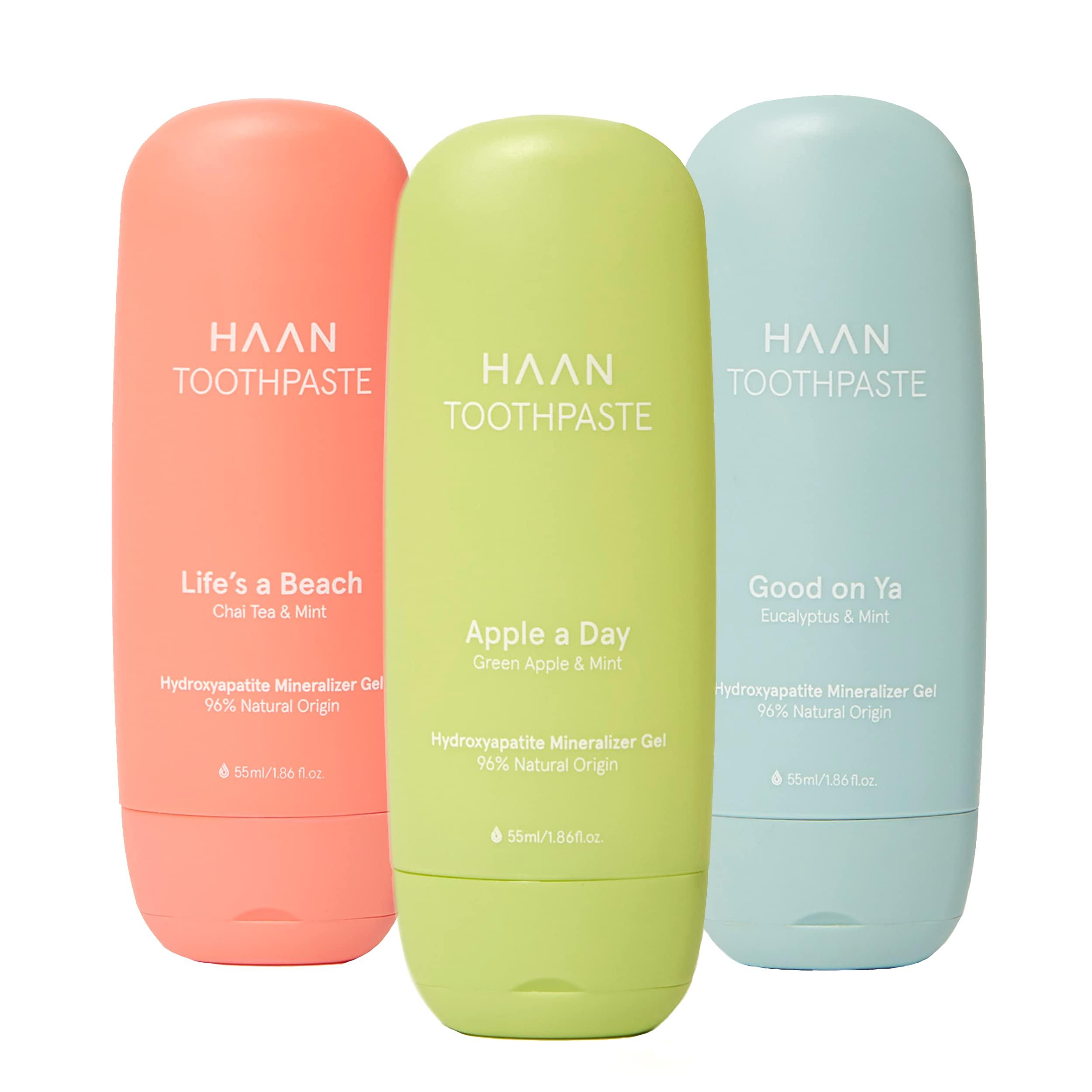 HAAN HAAN Natural Toothpaste Made with Clean, Vegan Ingredients for Cavity Protection | Parabens, Sulfates & Charcoal Free | 1 of Flavor of Each: Life's a Beach, Good on Ya & Apple Day (Pack 3 Bottles)