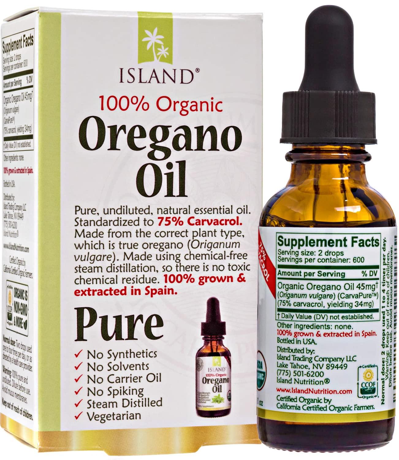 Island Nutrition Island Nutrition, Oregano Oil Organic Liquid Drops - 100% Pure & Undiluted - USDA-Certified Organic (1 oz) 75% Carvacrol - Grown in Spain - Immune Support Supplement with Oil of Oregano.