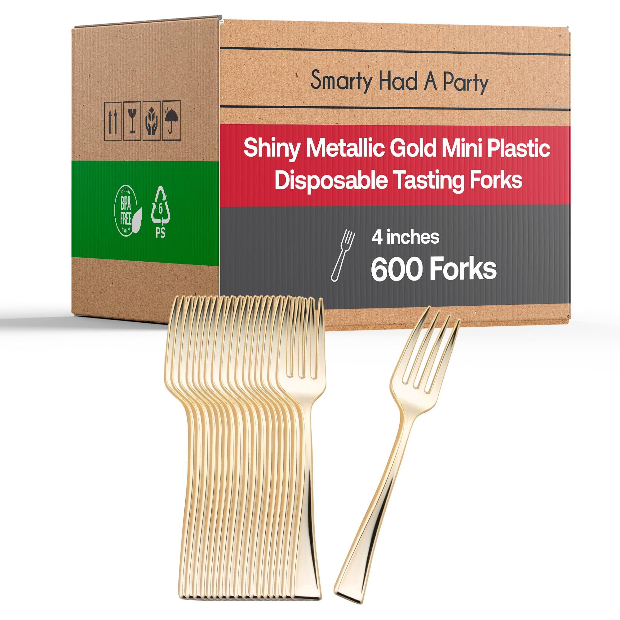 Smarty Had A Party Plastic Gold Forks 600 Pcs - Disposable Appetizer Forks - 4" Mini Salad Forks - Small Dessert Cocktail Fork Set - Bulk Party Silverware Utensils Catering Supplies For Wedding, Birthday & All Occasions