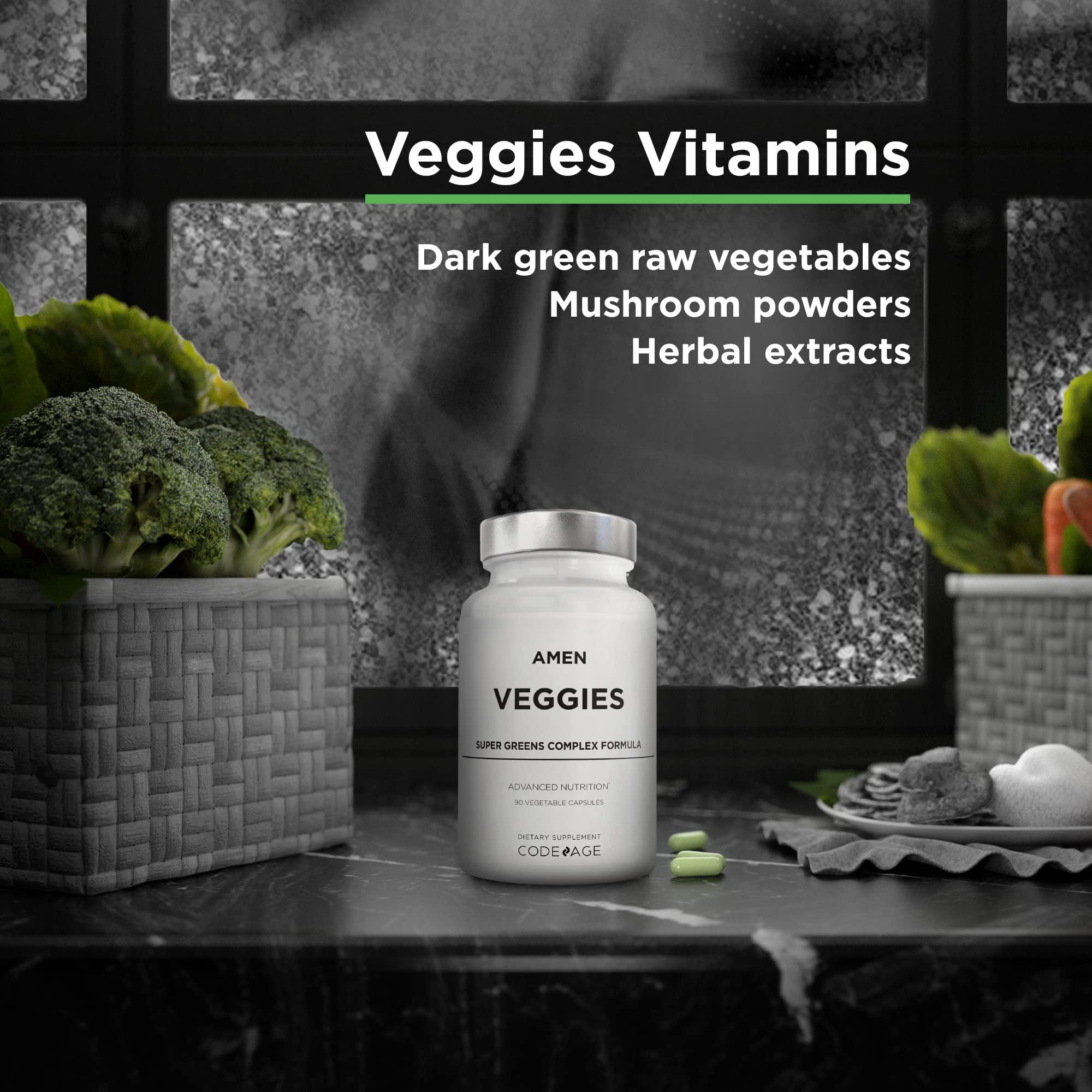 Amen Amen Veggies, Daily Veggies Vitamins Supplement, Vegetables Vegan Blend & Whole-Food Raw Greens Multivitamin Capsules, Mushroom Complex, Superfood, Minerals, Green Vegetable Nutrients, Non-GMO, 90 ct