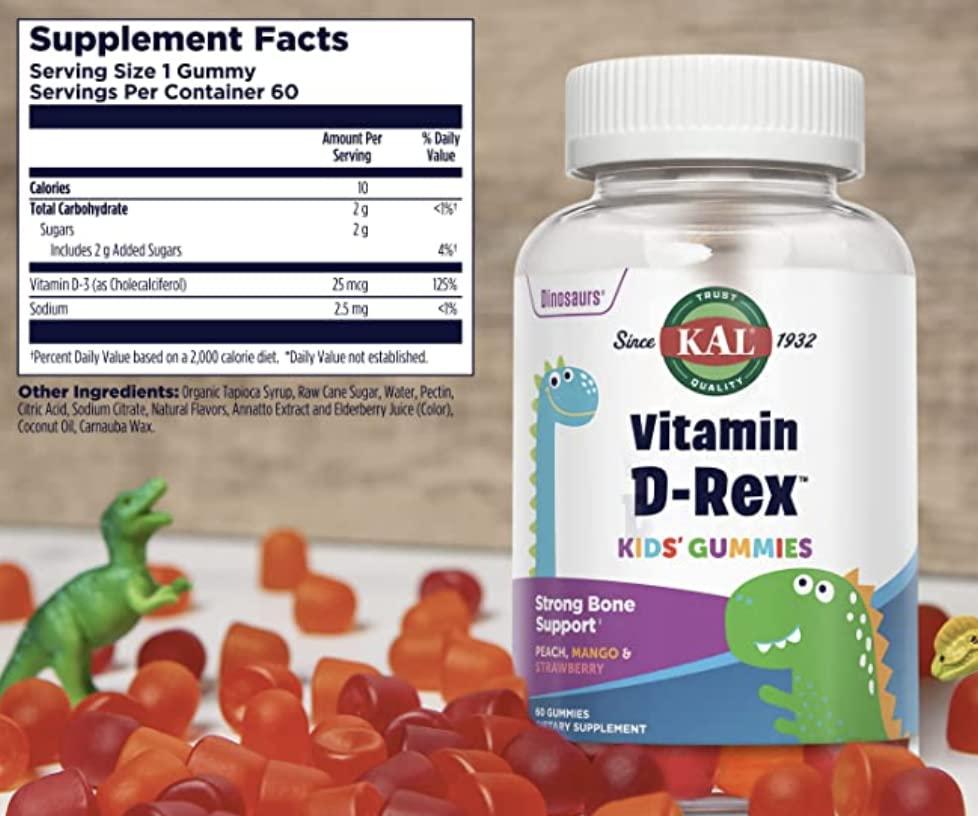 KAL KAL Vitamin D-Rex - Vitamin D Gummies for Kids - Kids Vitamin D3 - Peach, Mango, and Strawberry Flavors - Immune, Heart, Bone & Oral Support - Vegetarian, Gluten Free - 60 Servings, 60 Gummies