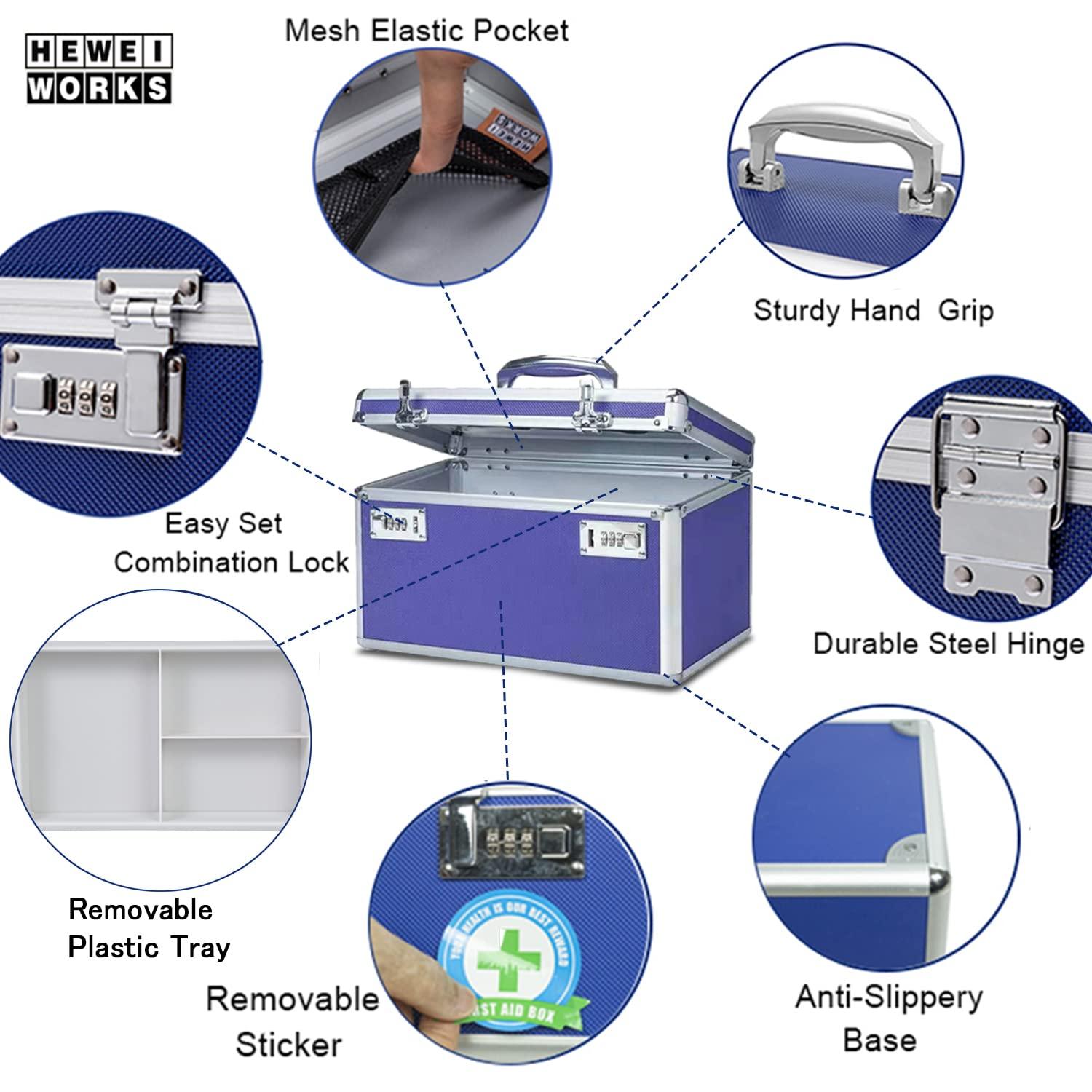 HEWEI WORKS HEWEI WORKS Large Capacity Combination Locking Medicine Box with Portable Storage Case15\'\'x 8.7\'\'x 9.3\'\', Childproof Medication Lock Organizer Lockbox for Secure Cash, ID Documents (BLUE)