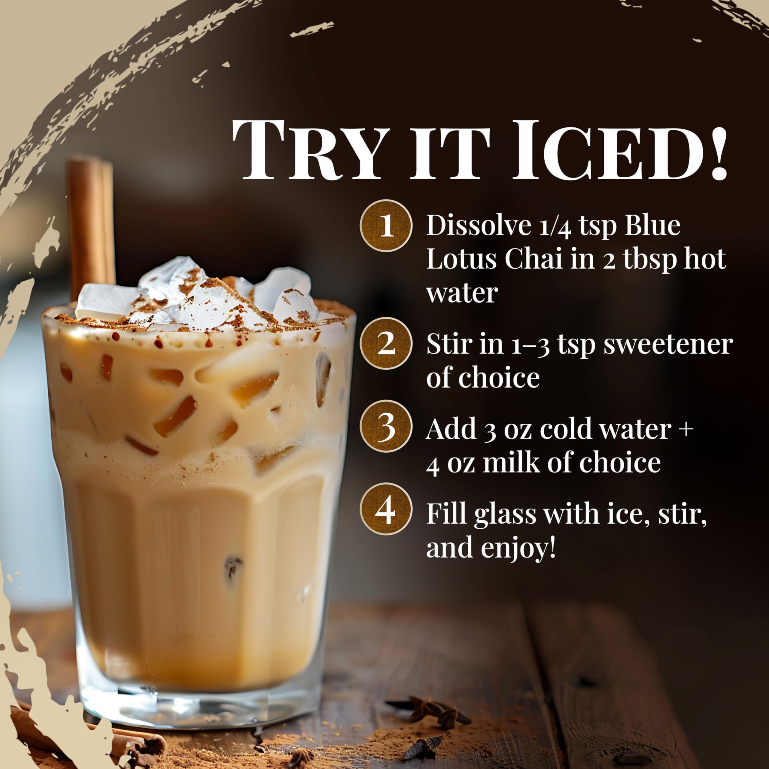 BLUE LOTUS CHAI Blue Lotus Chai - Golden Rooibos Flavor Masala Chai - Makes 65 Cups - 2 Ounce Masala Spiced Chai Powder with Organic Spices - Instant Indian Tea No Steeping - No Gluten