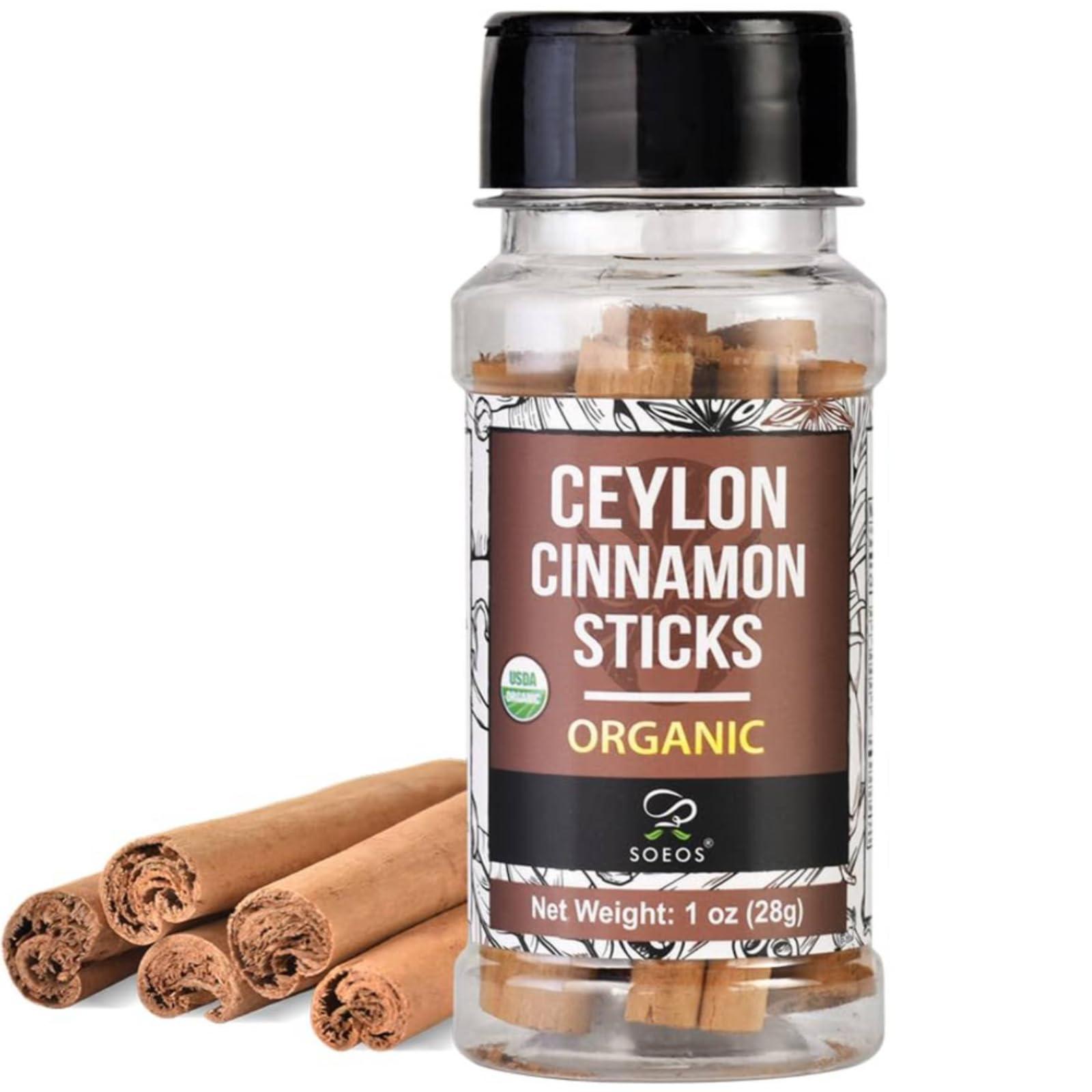 Soeos Soeos Ceylon Cinnamon Sticks, Organic Ceylon Cinnamon Sticks, Real Cinnamon Sticks farmed in Sri Lanka, Non-GMO, Cinnamon for Coffee, Baking, Cooking and Beverages 1 oz (28g)