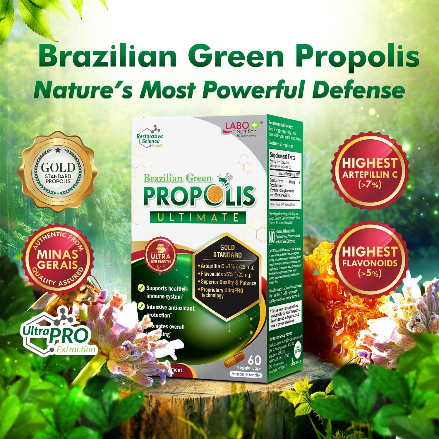 LABO Nutrition LABO Nutrition Brazilian Green Propolis Ultimate - Contains >7% or 28mg/Serving Artepillin C & >5% Flavonoids, for Immune & Brain Support, Natural, High Concentrate & Premium, 60 Veg Capsulesx3