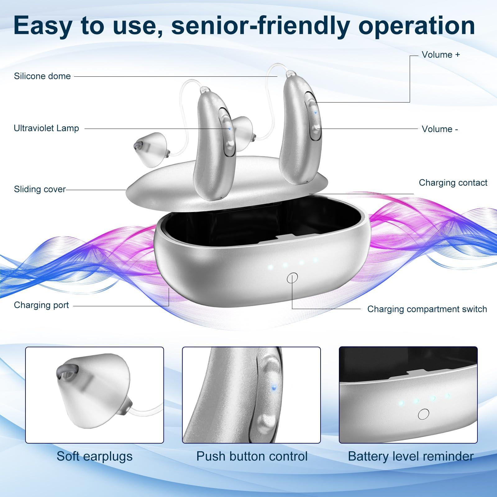 NELPO Nelpo BH-R55 Hearing Aids for Seniors & Adults, 48-Channel Rechargeable OTC Hearing Amplifier with Noise Cancelling, 6 Sound Modes, 18H Charging Case for Mild to Moderate Hearing Loss