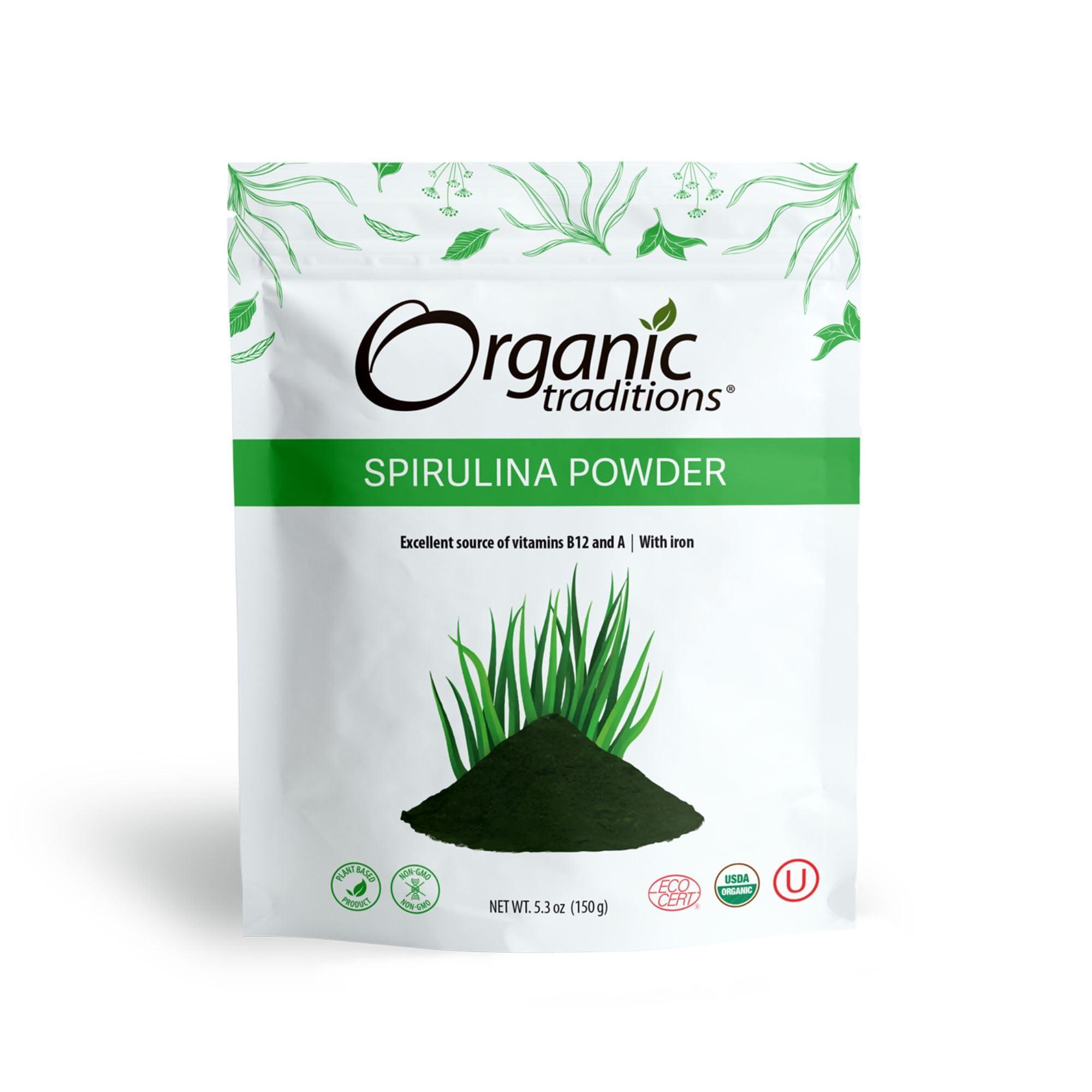 Organic Traditions Organic Traditions Organic Spirulina Powder Vegan Non-GMO Superfood, 5.3oz (150g) Bag, 50 Servings per Bag