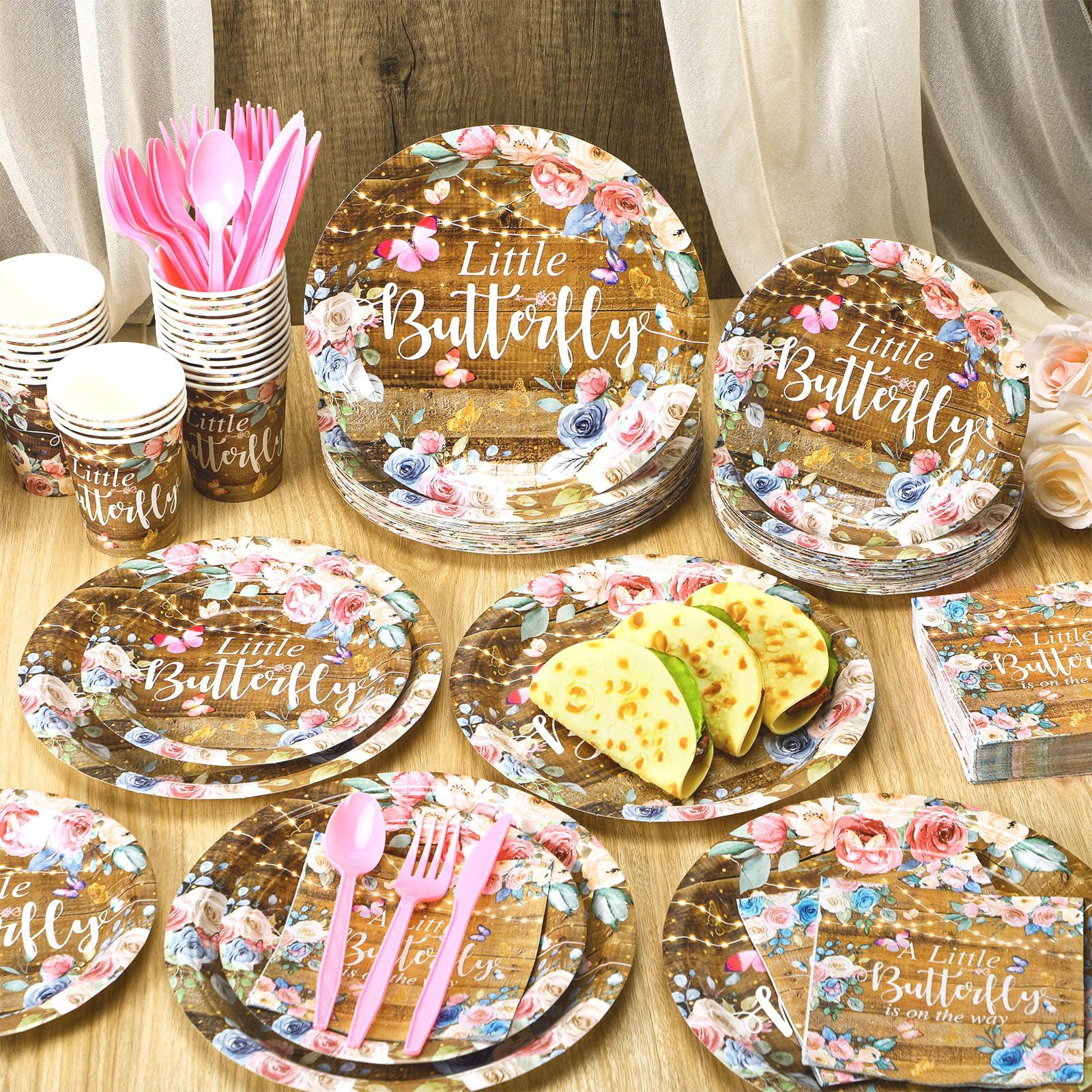 Hsei Hsei 324Pcs A Little Butterfly Is On Her Way Baby Shower Decorations Butterfly Party Supplies Serve 36 Baby Shower Plates Cups and Napkins Sets Wooden Butterfly Party Favors for Baby Shower Birthday