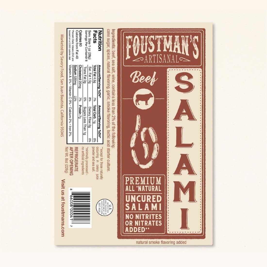 Foustman's Foustman\'s Salami Beef Artisanal, Nitrate-Free, Naturally Uncured, Gluten-Free, Dairy-Free, No Pork, 8 Oz Sticks