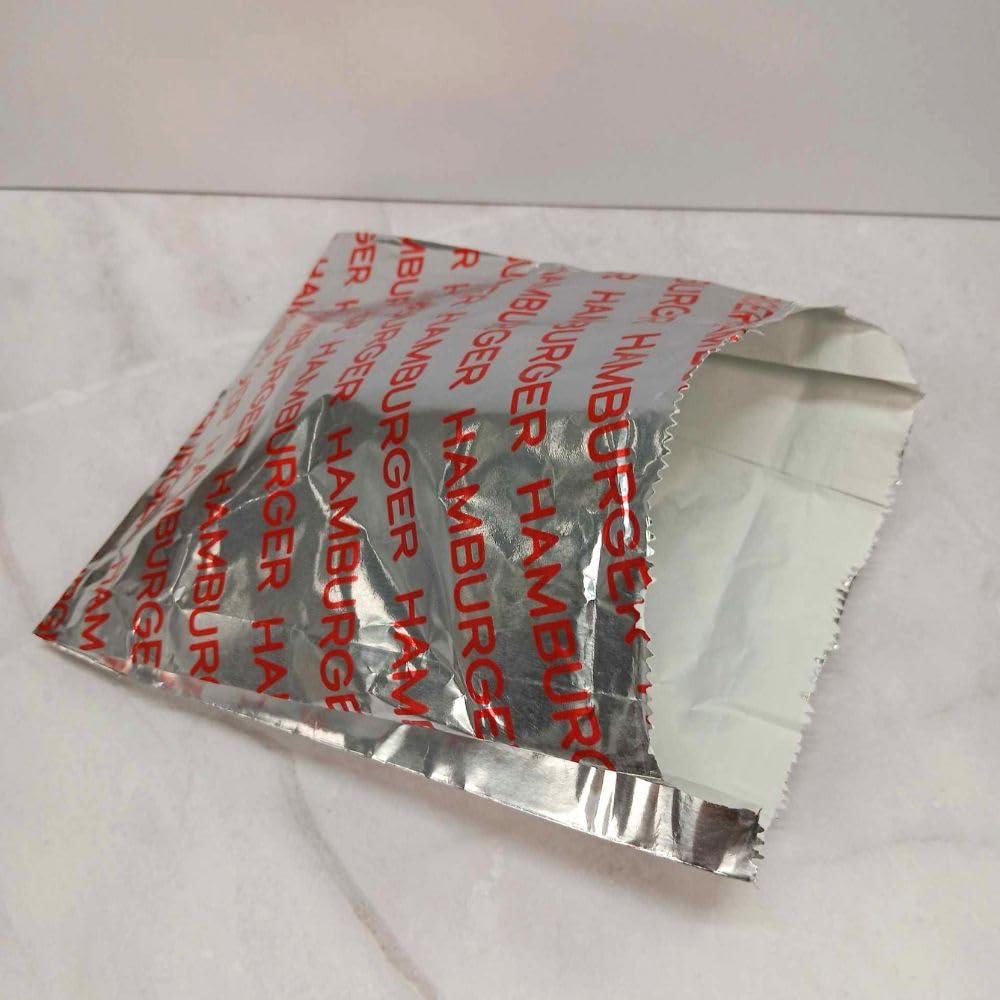 Oasis Supply Large Foil Hamburger/Sandwich Bags - Grease Resistant, Keeps them Hot -Words in Red say - "Hamburger" 100 Count