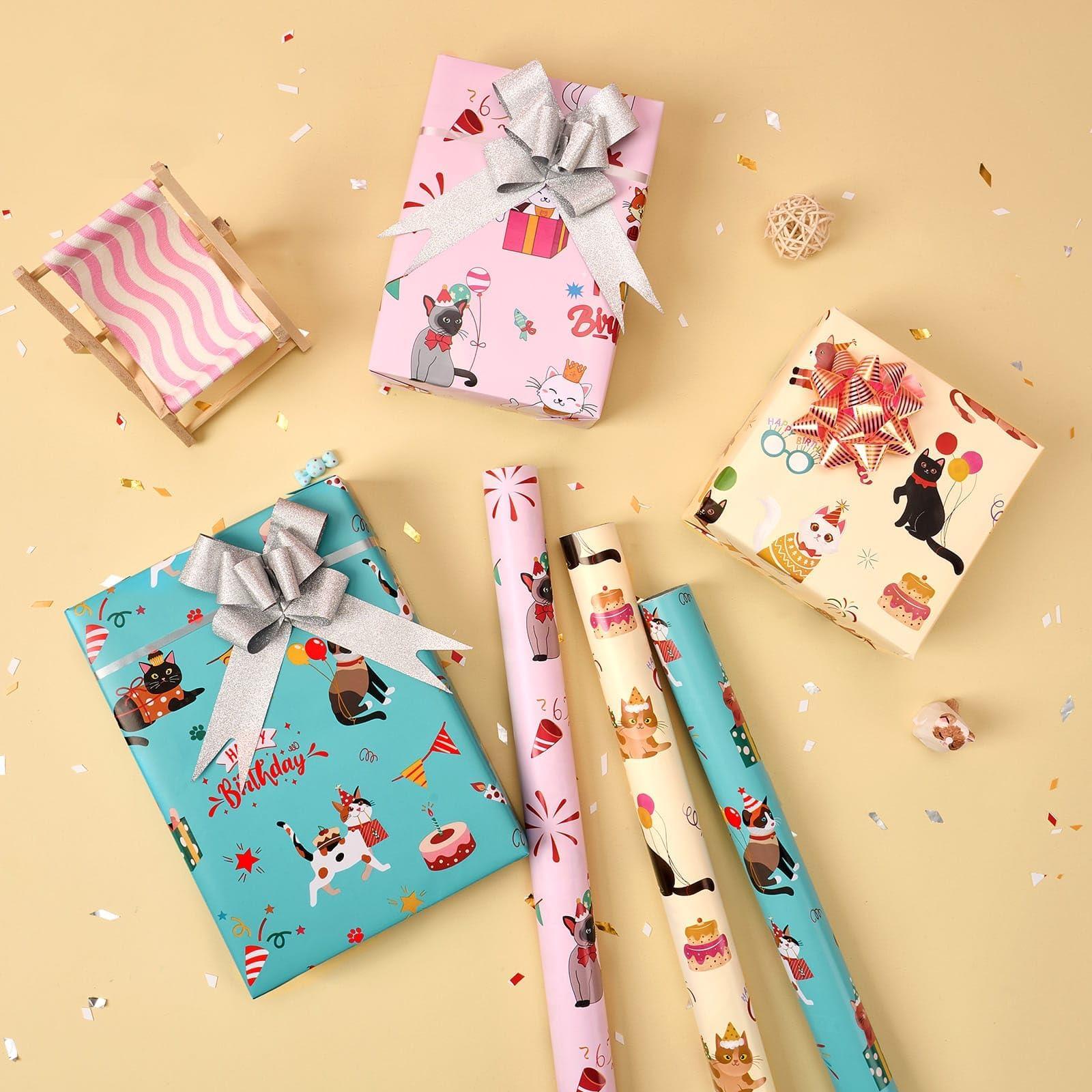 WERNNSAI WERNNSAI Cat Wrapping Paper Rolls - 3 Rolls 17 x 120 Birthday Wrapping Paper Rolls Cat Birthday Gift Wrap Paper Girls Wrapping Paper Rolls Kitten Wrapping Paper Bday Gift Wrap Paper with Cutting Lines 10ft