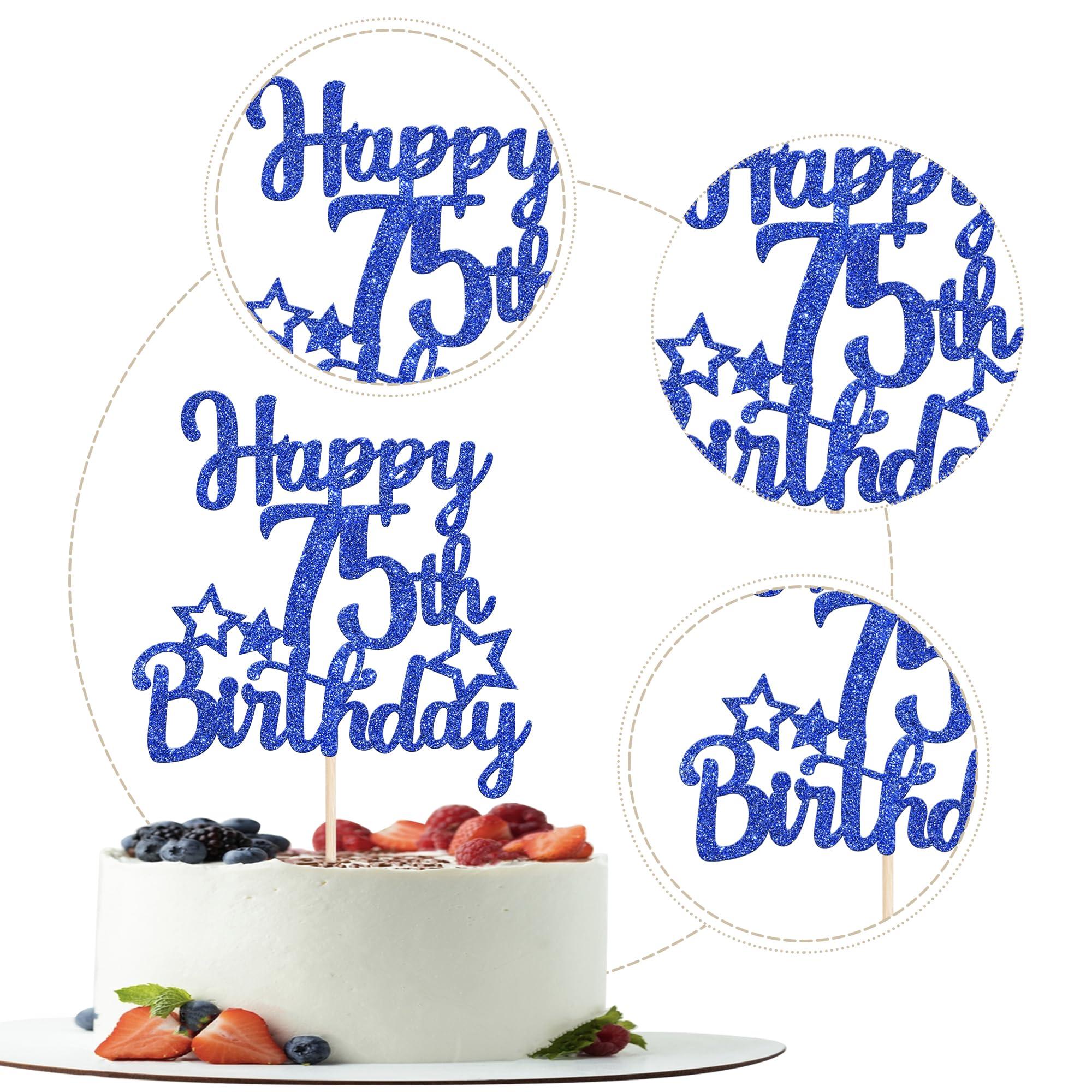 YCTHUNFISH 1 Pack Happy 75th Birthday Cake Topper Glitter Little Star 75 Fabulous Cake Pick Birthday Sign Cake Decorations for 75th Birthday Theme Party Supplies Dark Blue