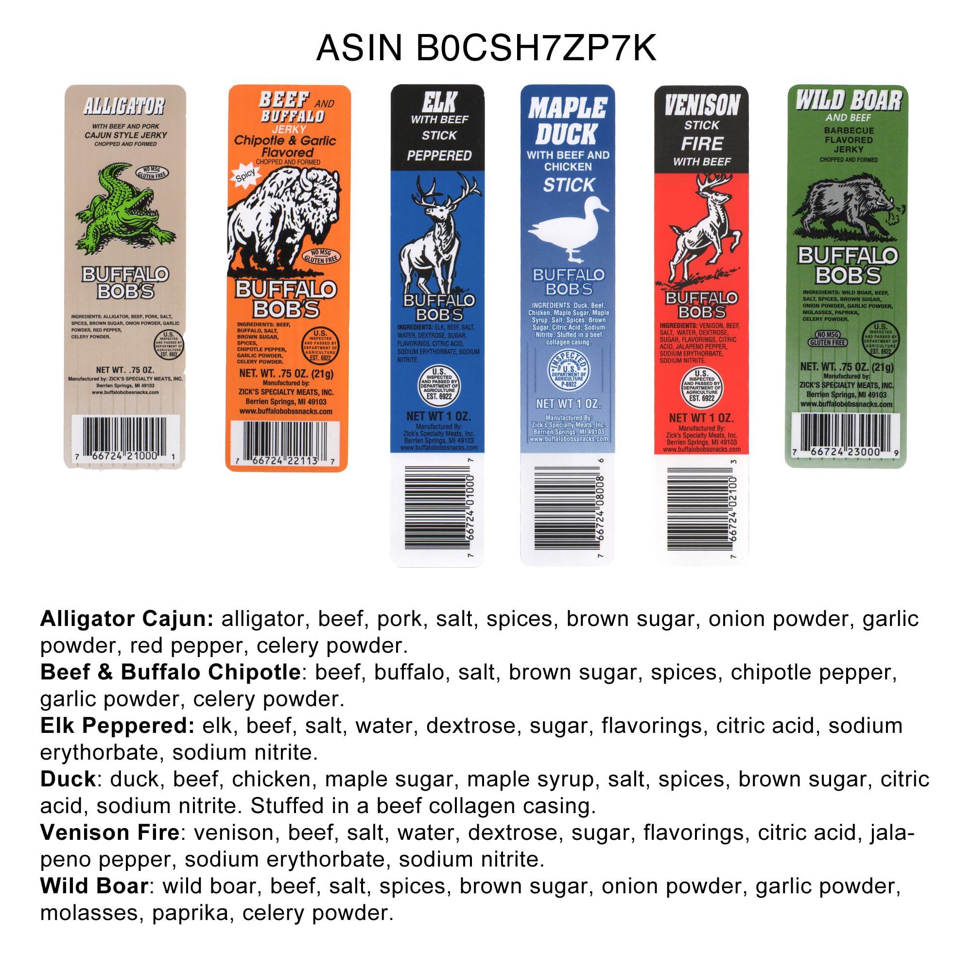 Jerky-n-Spice Buffalo Bob\'s Wild Game Exotic Snacks (6 Pack), Beef Jerky Sampler Gift Pack for Men, Jerky Variety Gift Set, Jerky Snack Box, Meat Gifts for Men, Bison Jerky for Humans, Jerky Packs, Keto Gifts