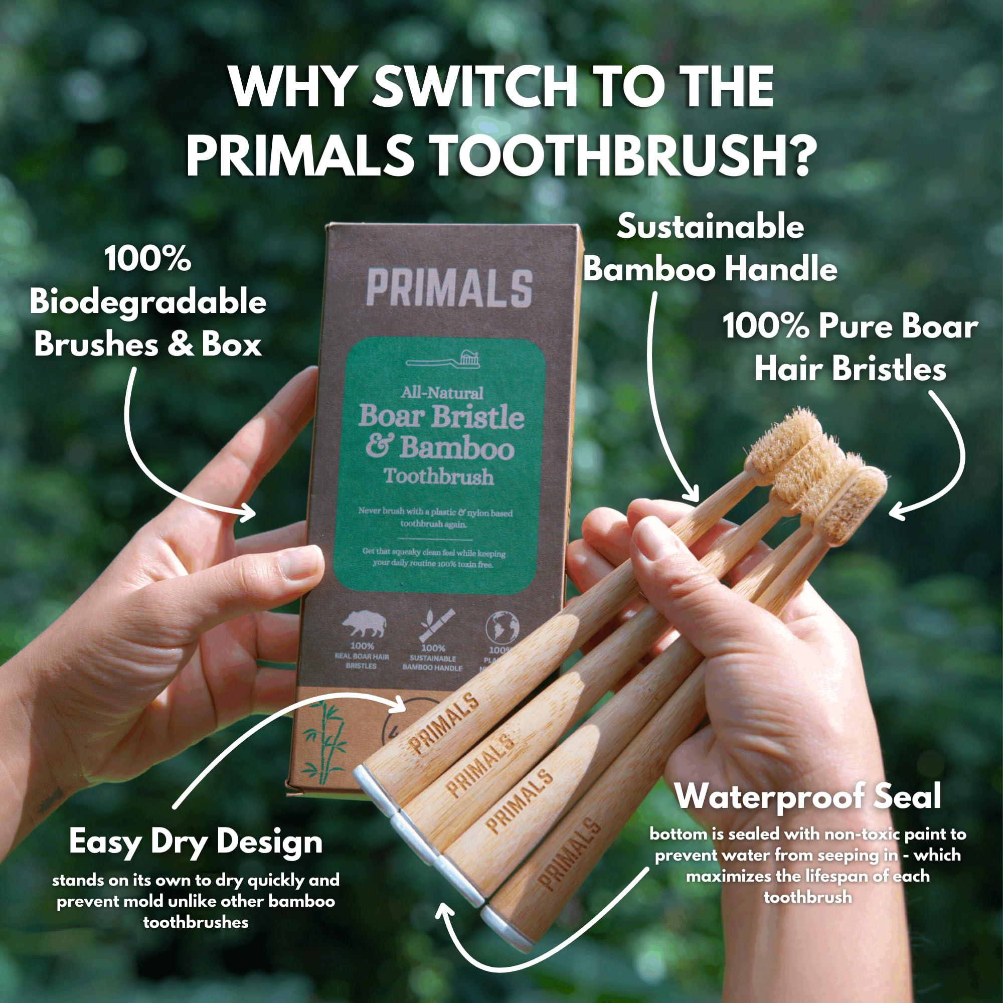 PRIMALS PRIMALS Boar Bristle & Bamboo Toothbrush (4-Pack) - Premium Boar Bristles - Fully Biodegradable - Plastic & Nylon Free - Quick Dry Design