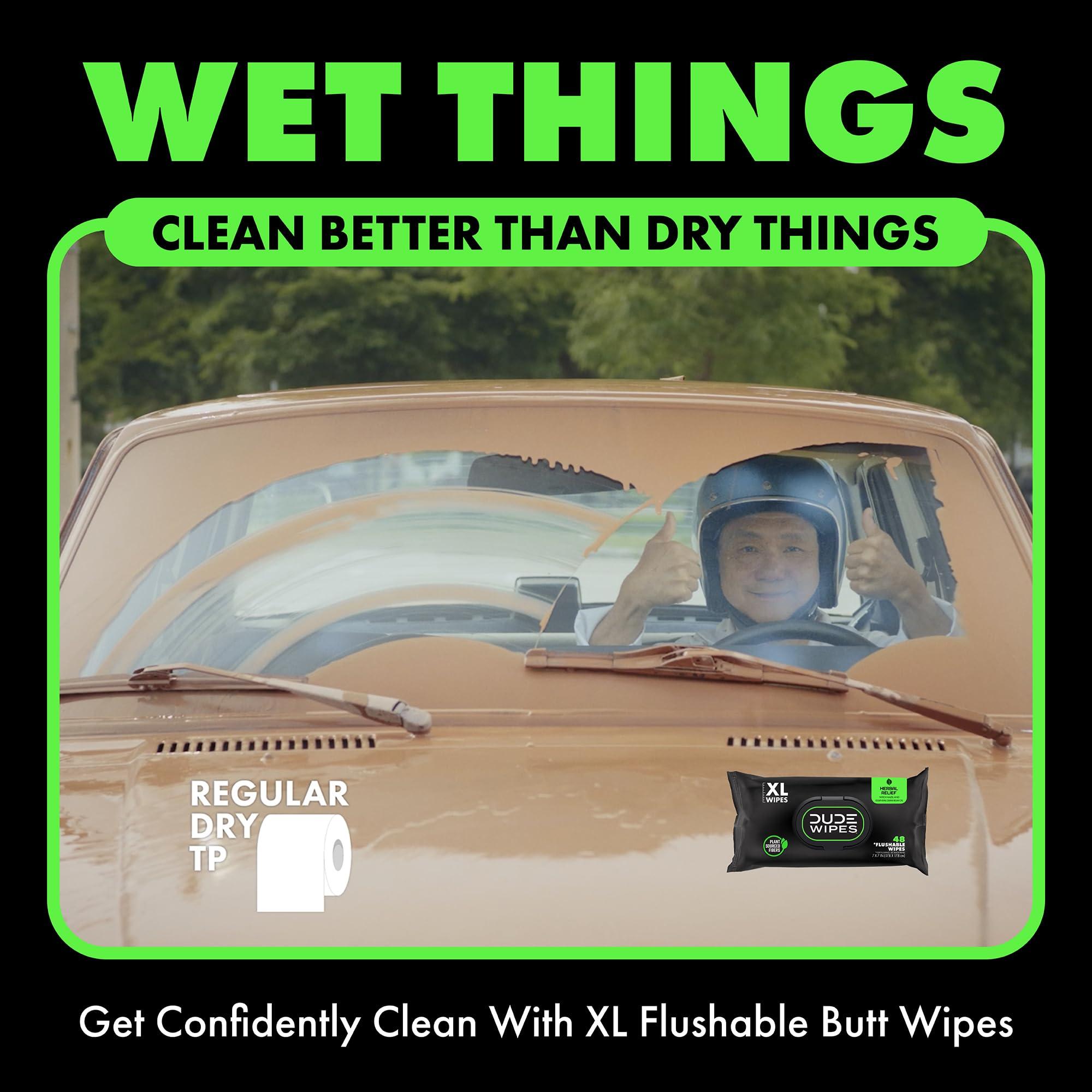 Dude DUDE Wipes - Flushable Wipes - 3 Pack, 144 Wipes - Herbal Relief Extra-Large Wet Wipes - With Hazel & Geranium Essential Oils - Septic and Sewer Safe Butt Wipes For Adults