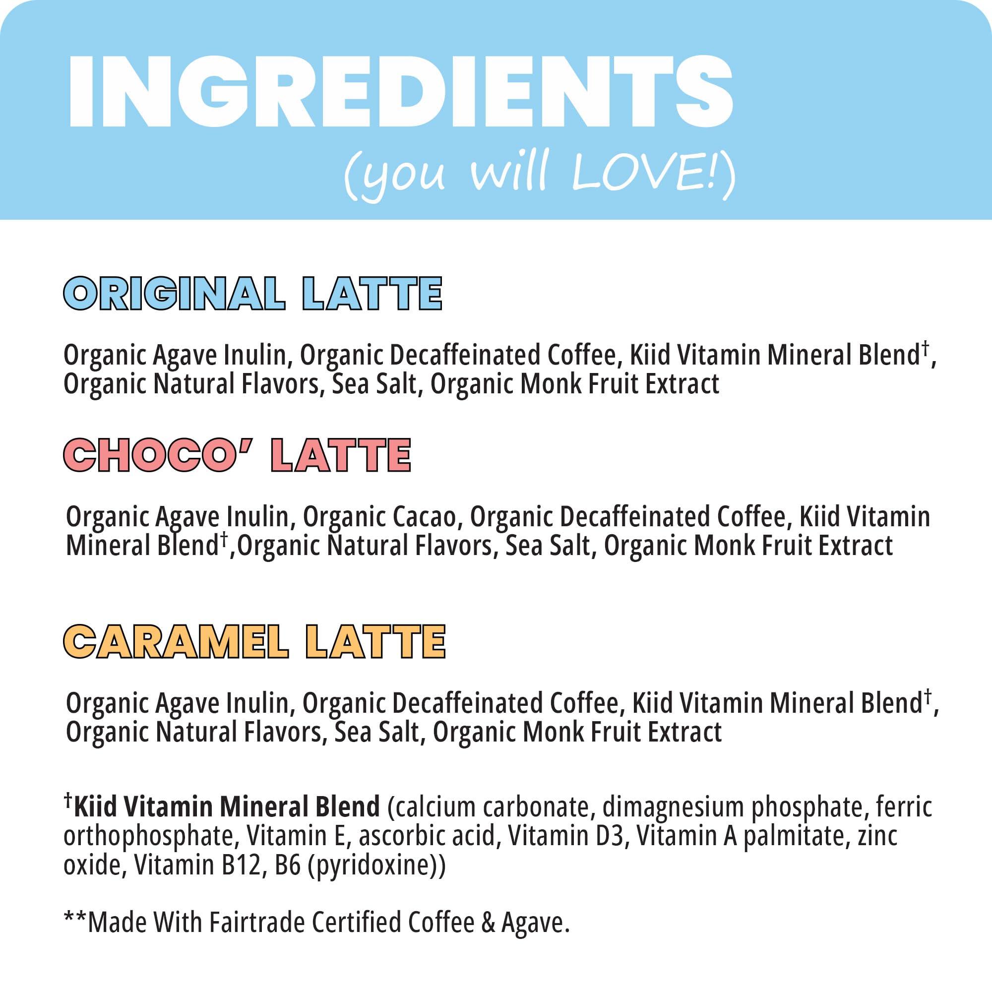 kiid Kiid Coffee Instant Latte - 99.9% Caffeine Free - Organic Decaf Coffee, 4g Fiber, 0g Sugar, 12 Vitamins & Minerals For Kids - Allergen Free & Vegan - Just Add Milk - Drink Hot or Cold (12 Servings)