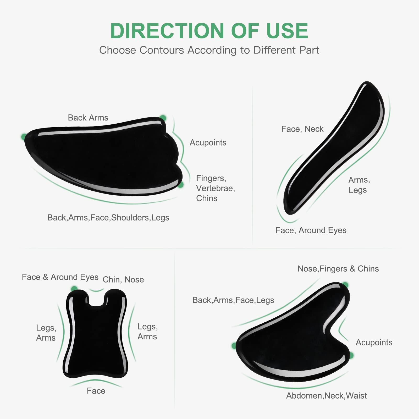 airogym airogym Guasha Massage ToolNatural Stone Gua Sha Board, 4PCS Guasha Stone Scraping Massage Sets for SPA Acupuncture Physical Therapy Muscle Knots Facial Caring Point Treatment (Black Stone)