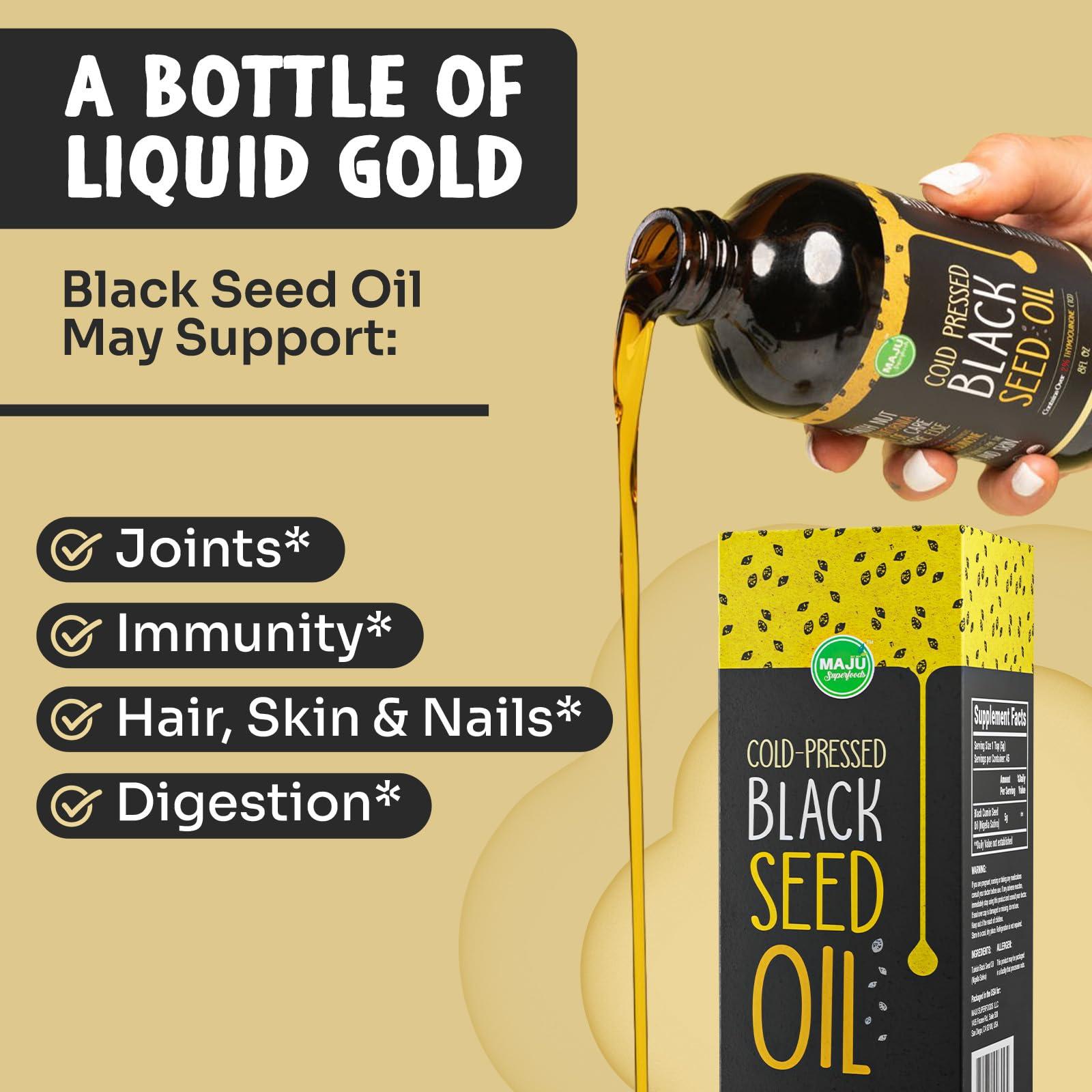 Maju Superfoods MAJU\'s Black Seed Oil 16oz: 3X Thymoquinone, Cold Pressed, 100% Turkish Black Cumin Nigella Sativa Seed Oil (Better Than Organic), Non-GMO, 100% Liquid Pure Blackseed Oil, Glass Bottle